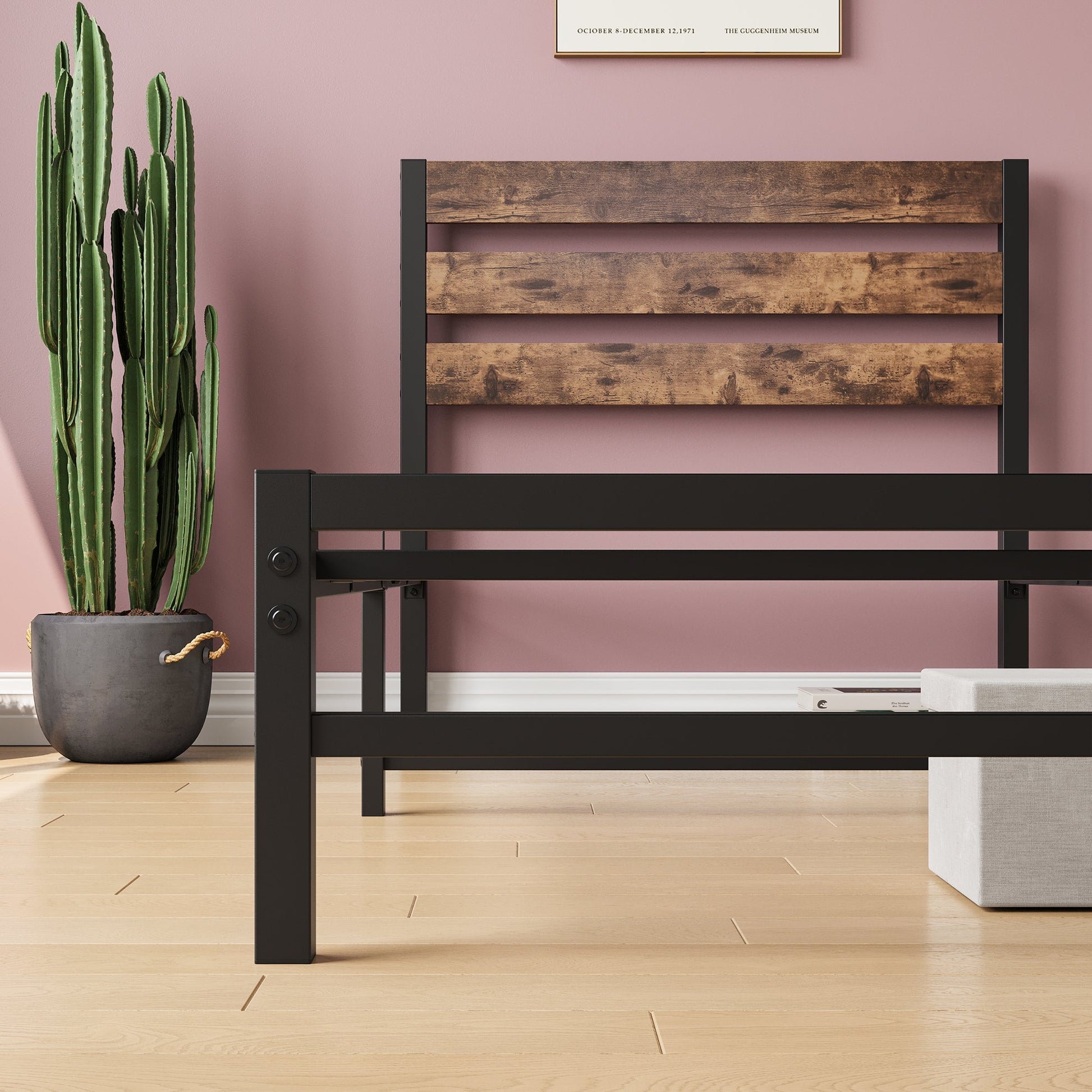 Twin Size Platform Bed Frame with Rustic Vintage Wood Headboard (W84084261) - Direct Wicker