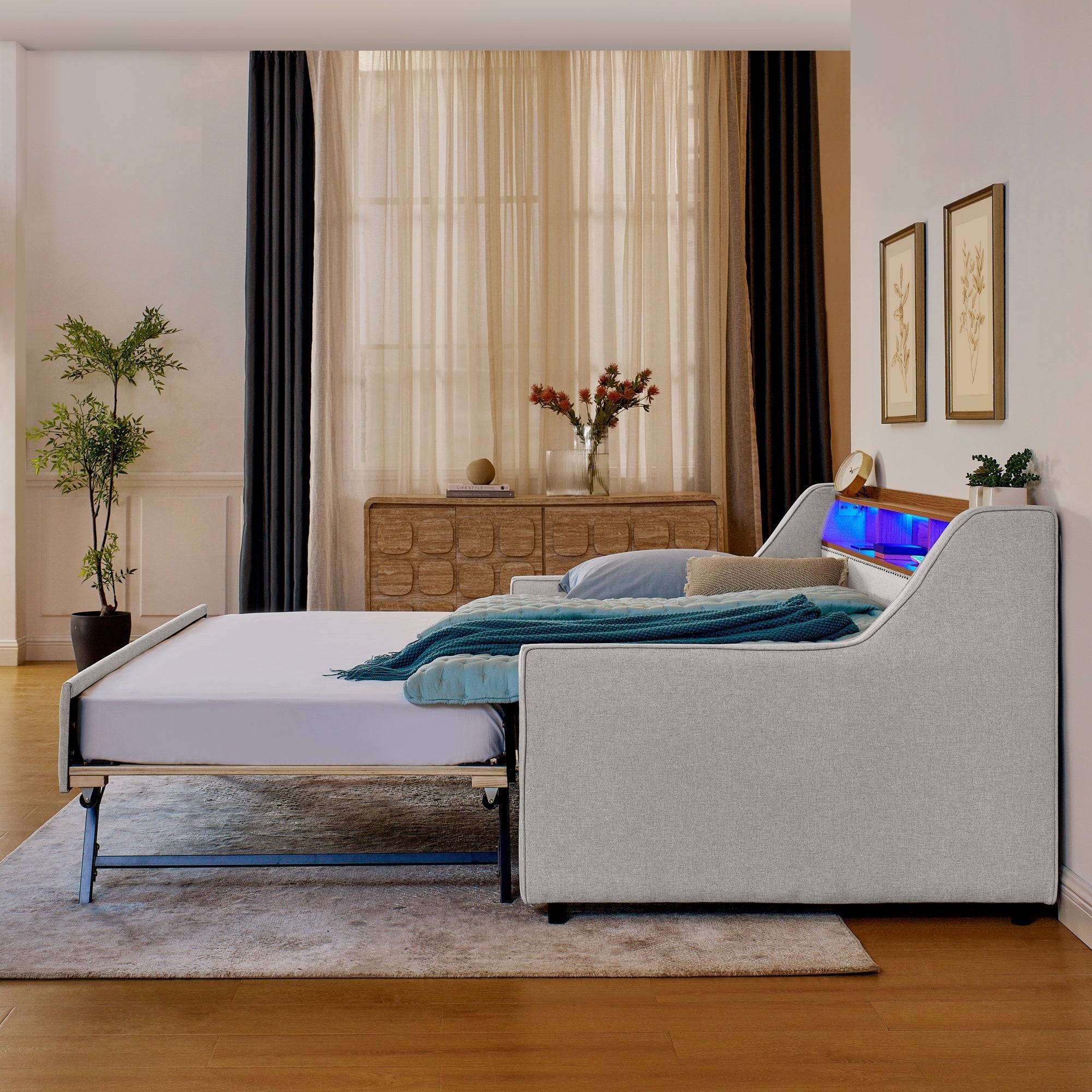 Twin Size Upholstery Sofa Bed with Three LED lights, with Storage Adjustable Headboard - Direct Wicker