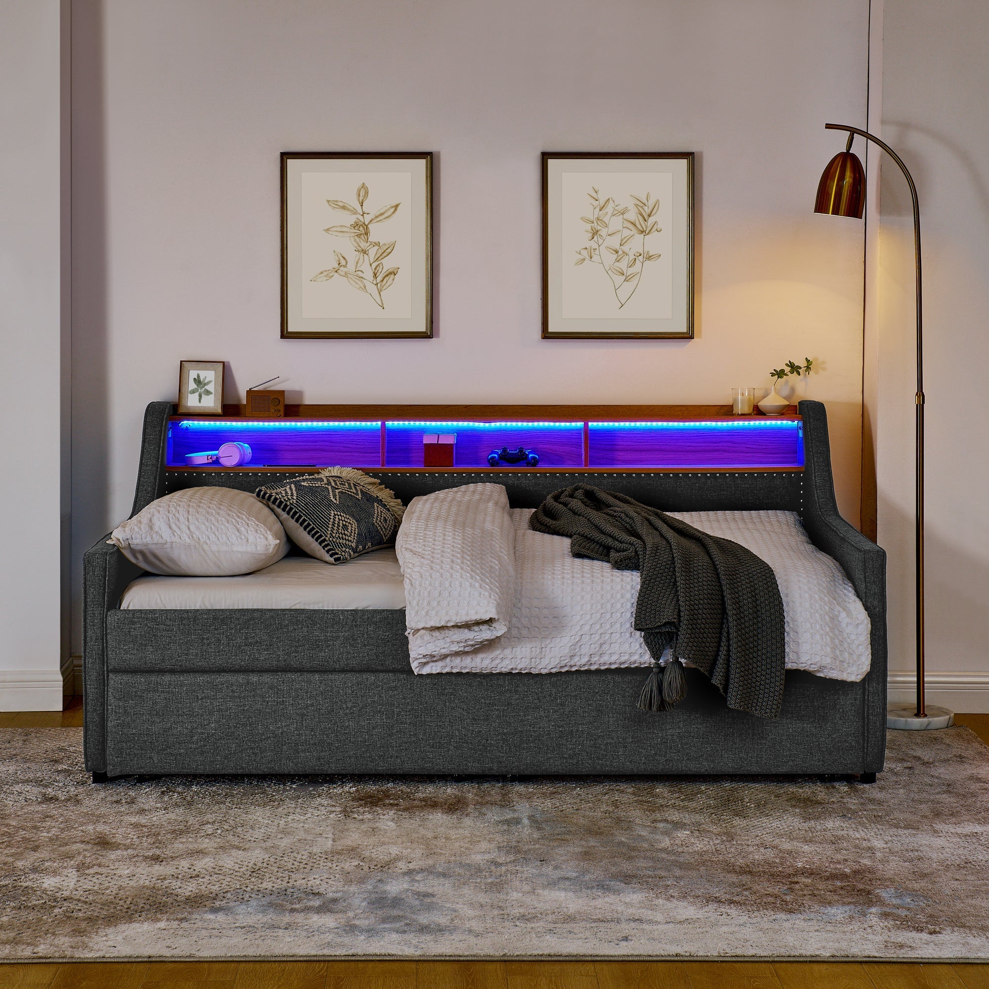 Twin Size Upholstery Sofa Bed with Three LED lights, with Storage Adjustable Headboard - Direct Wicker