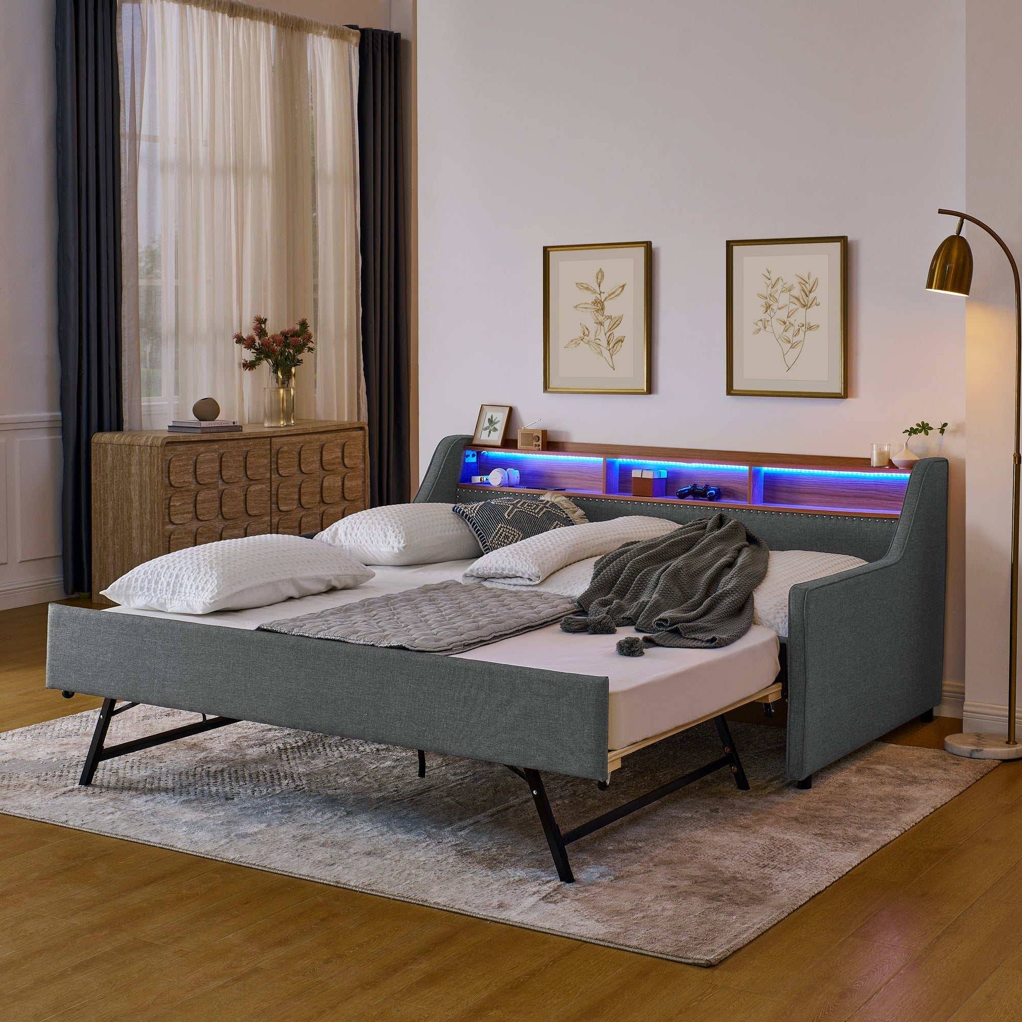 Twin Size Upholstery Sofa Bed with Three LED lights, with Storage Adjustable Headboard - Direct Wicker