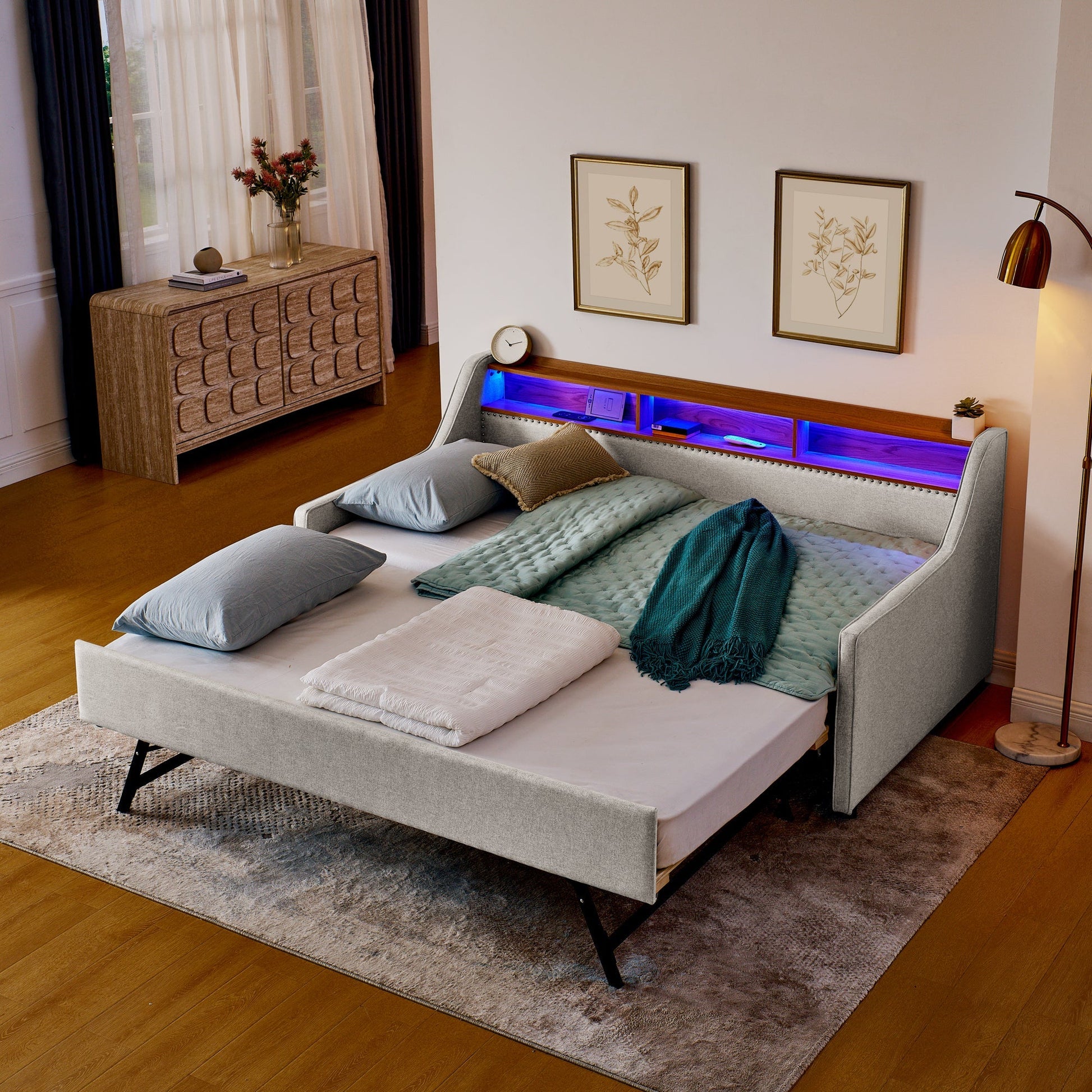 Twin Size Upholstery Sofa Bed with Three LED lights, with Storage Adjustable Headboard - Direct Wicker
