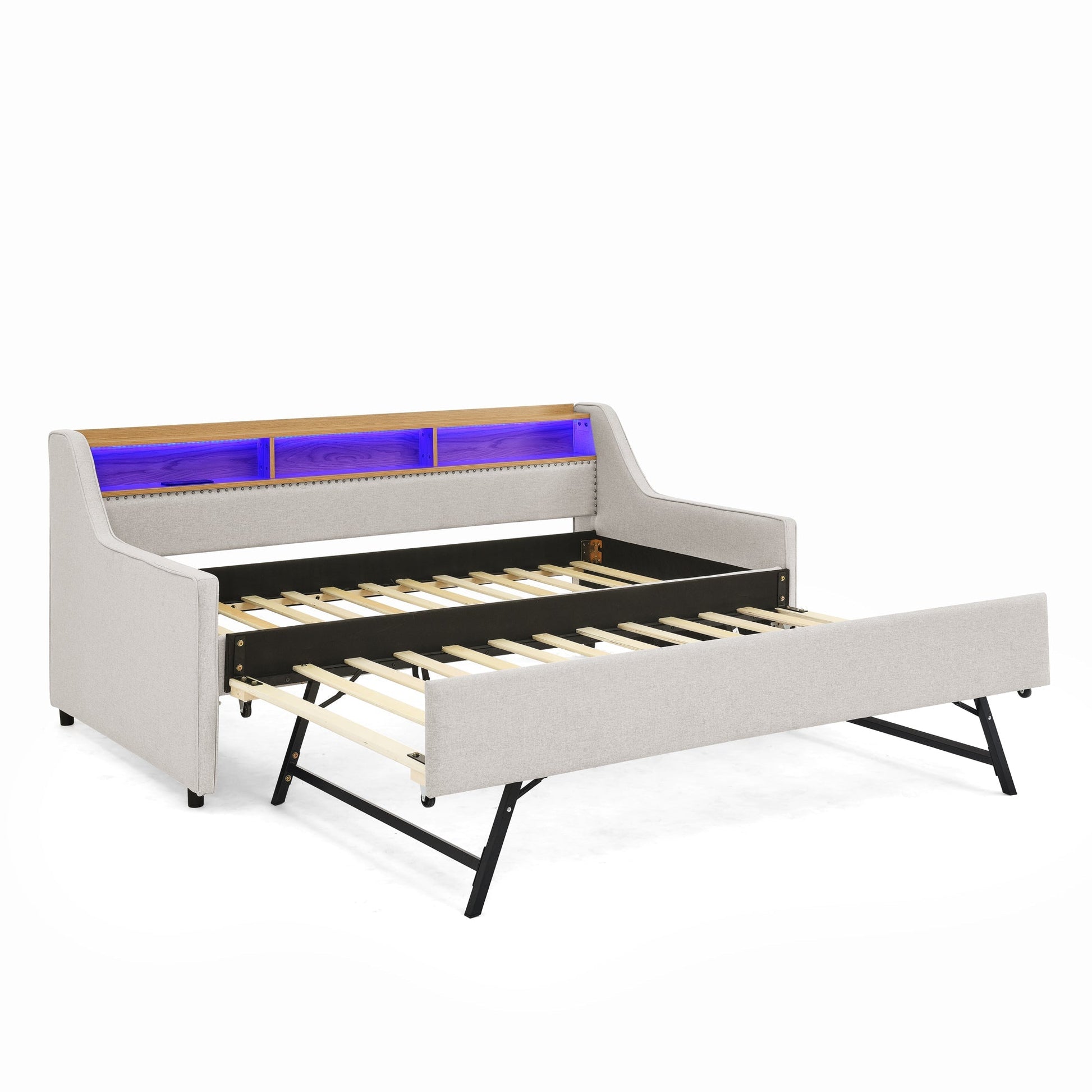 Twin Size Upholstery Sofa Bed with Three LED lights, with Storage Adjustable Headboard - Direct Wicker