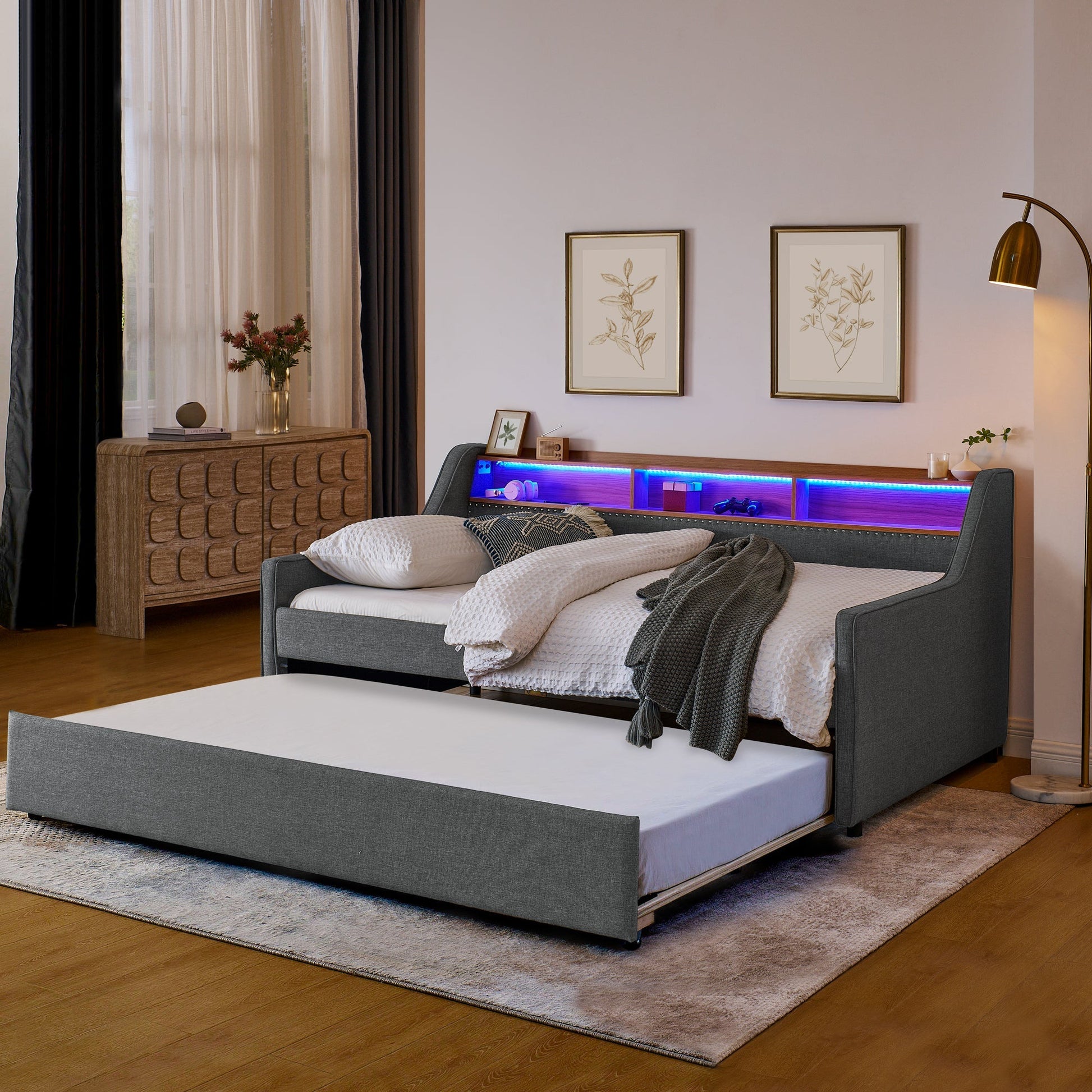 Twin Size Upholstery Sofa Bed with Three LED lights, with Storage Adjustable Headboard - Direct Wicker