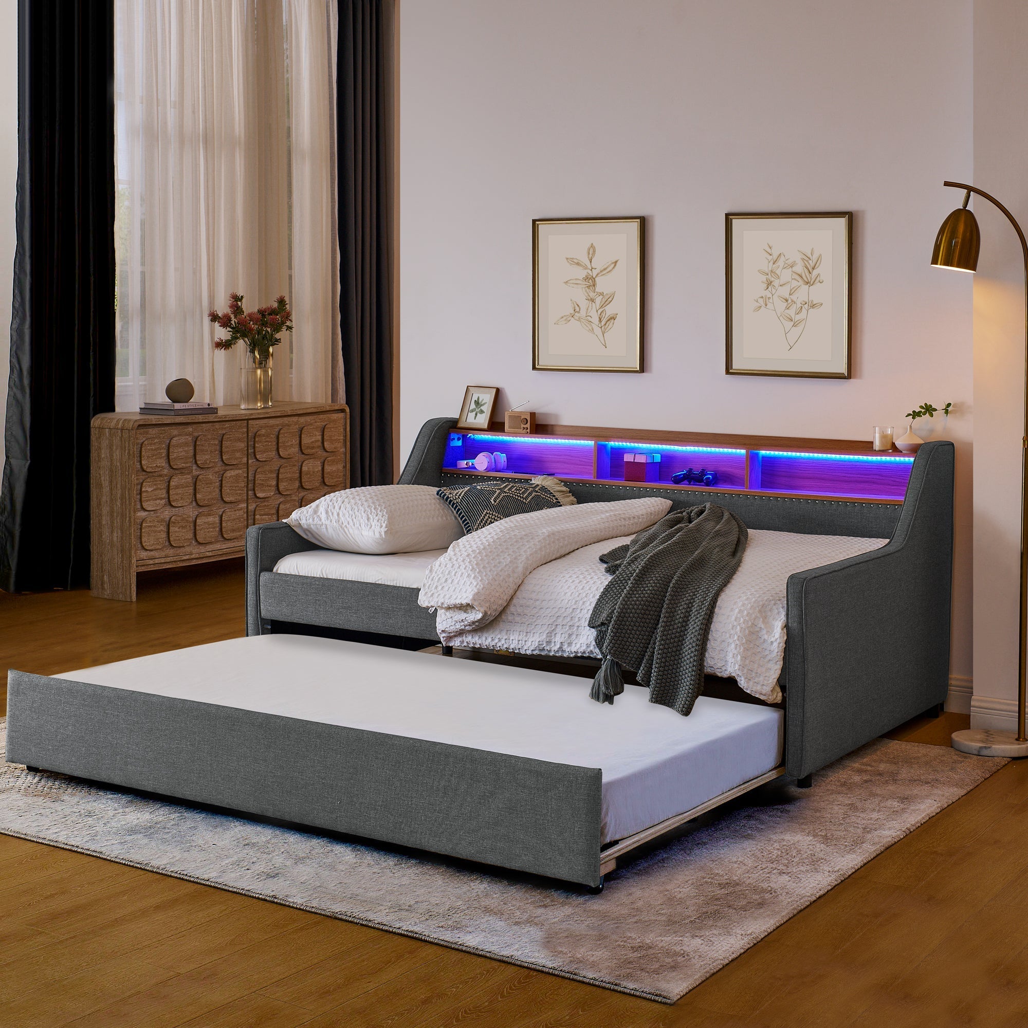 Twin Size Upholstery Sofa Bed with Three LED lights, with Storage Adjustable Headboard - Direct Wicker