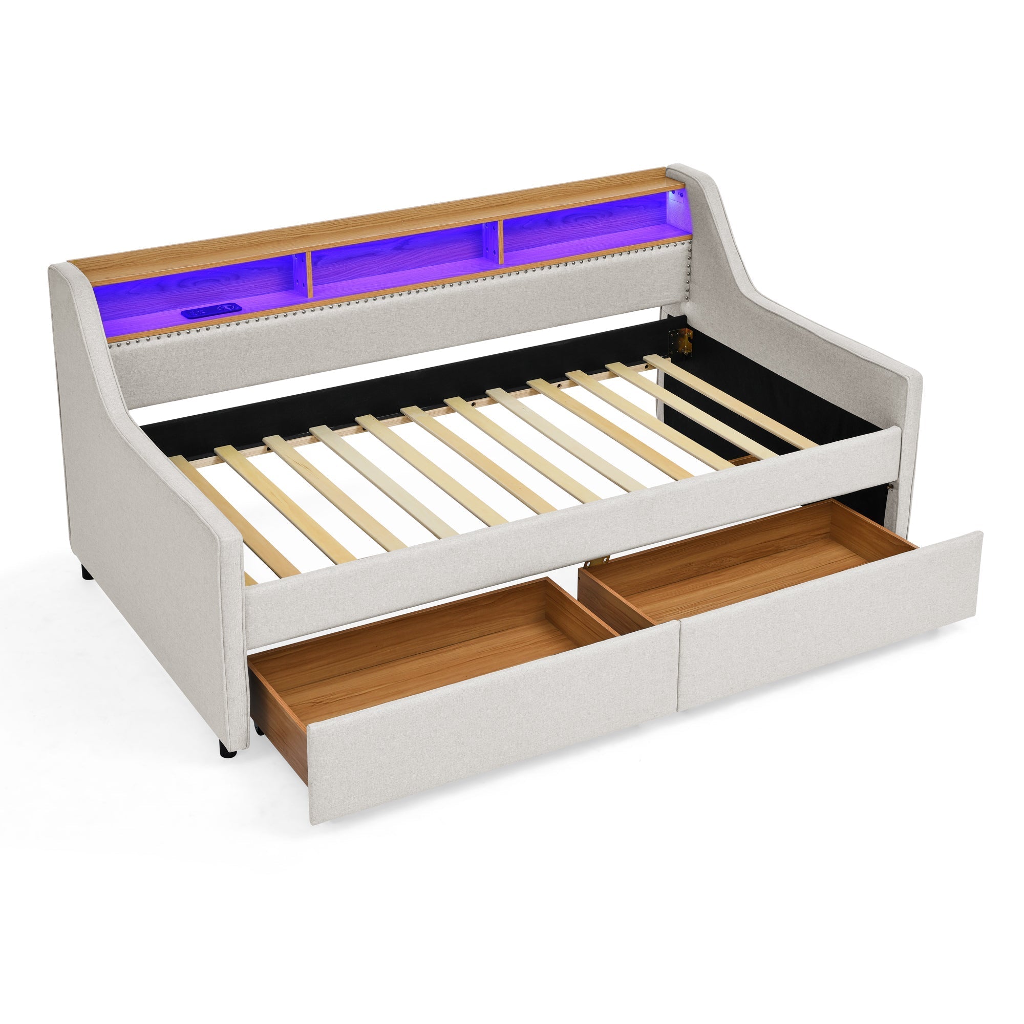 Twin Size Upholstery Sofa Bed with Three LED lights, with Storage Adjustable Headboard - Direct Wicker
