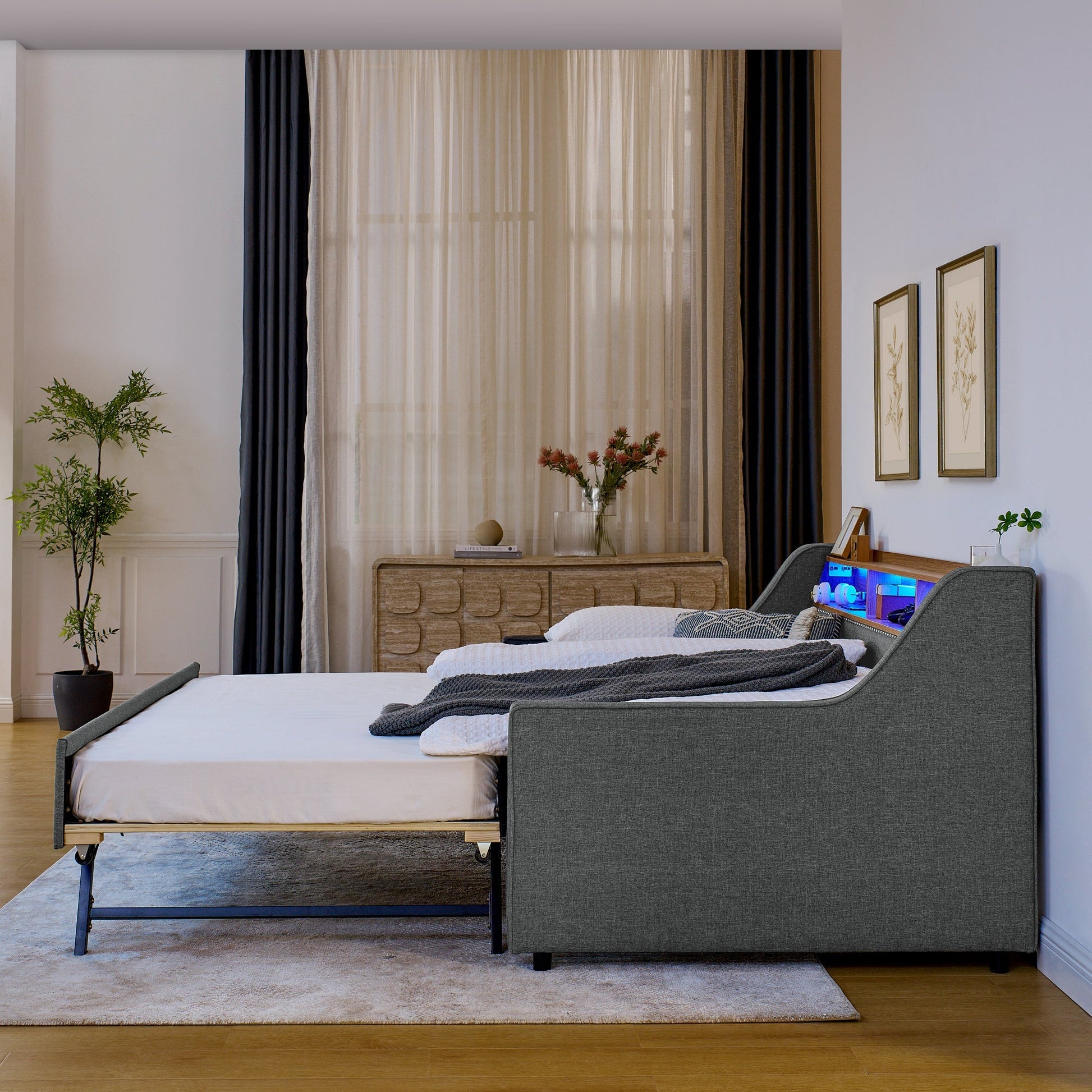 Twin Size Upholstery Sofa Bed with Three LED lights, with Storage Adjustable Headboard - Direct Wicker