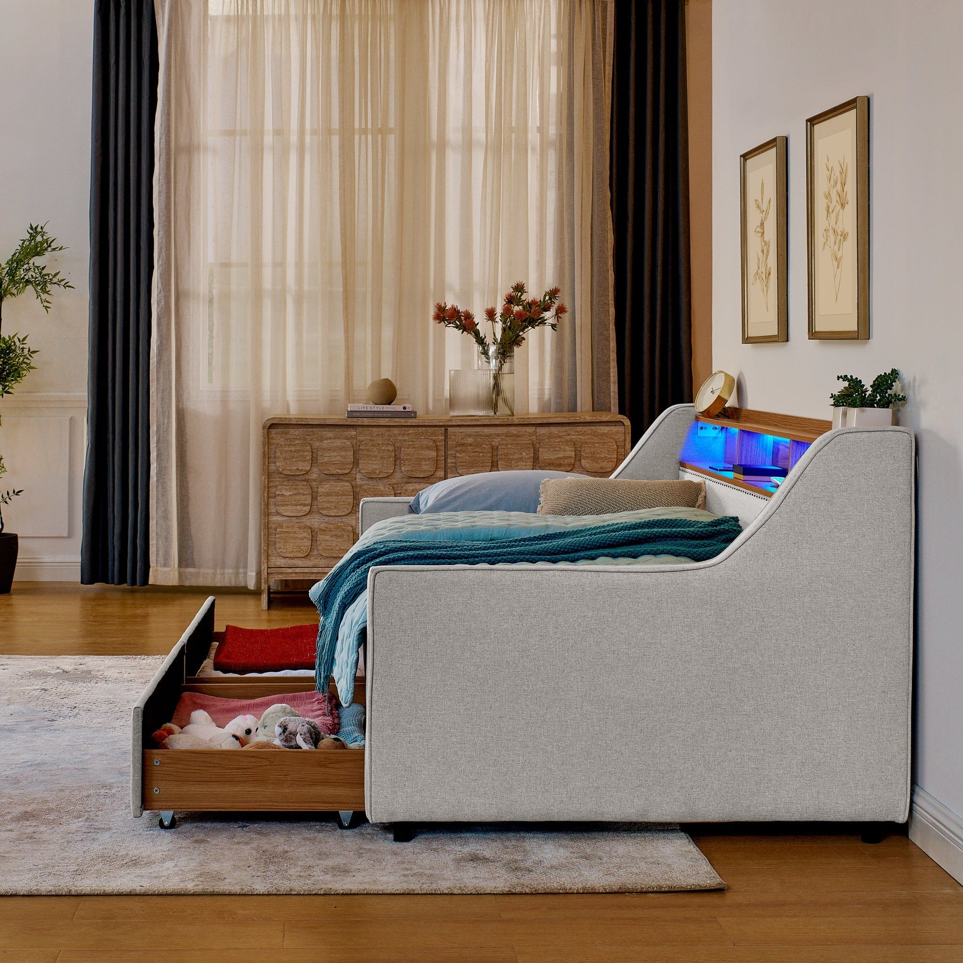 Twin Size Upholstery Sofa Bed with Three LED lights, with Storage Adjustable Headboard - Direct Wicker