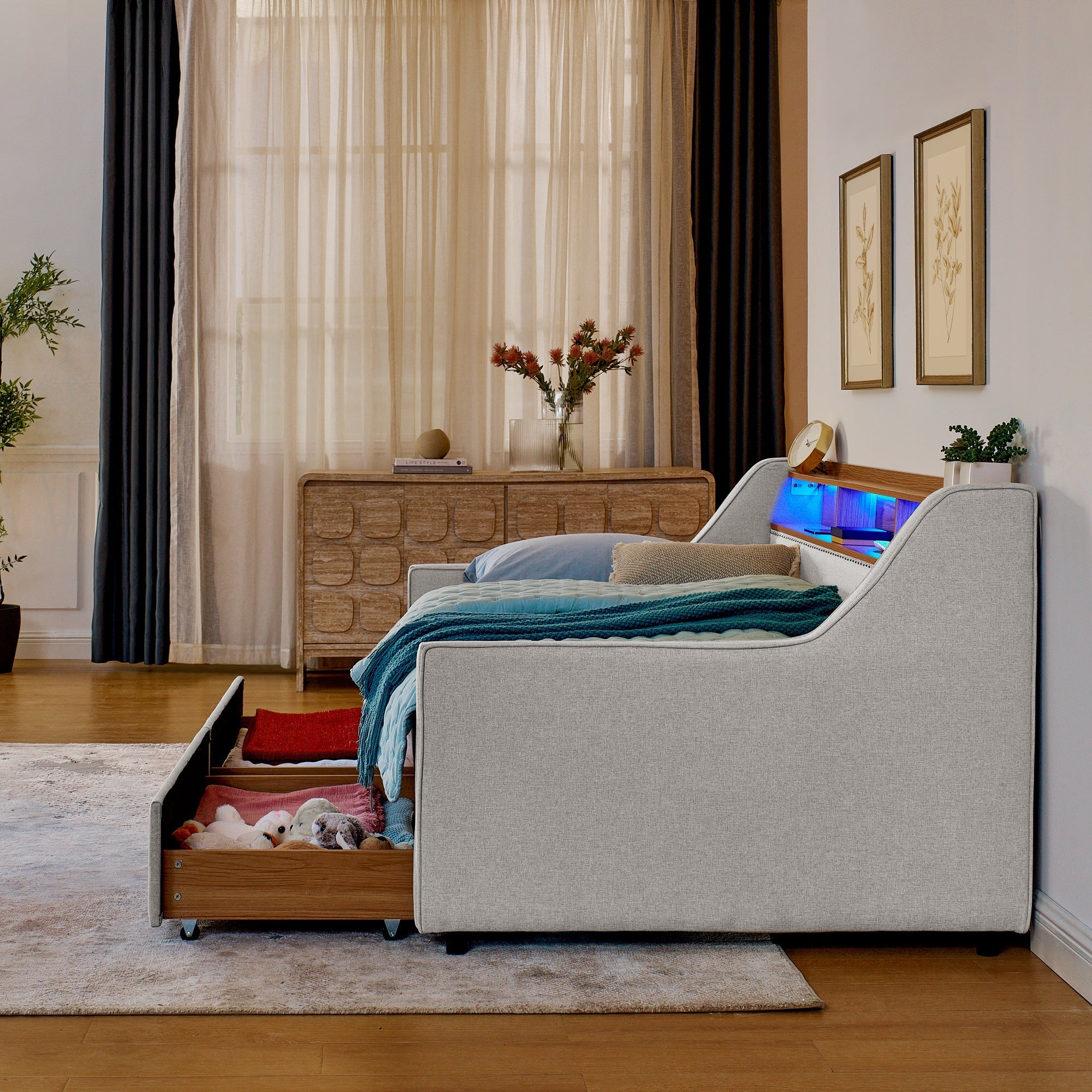 Twin Size Upholstery Sofa Bed with Three LED lights, with Storage Adjustable Headboard - Direct Wicker