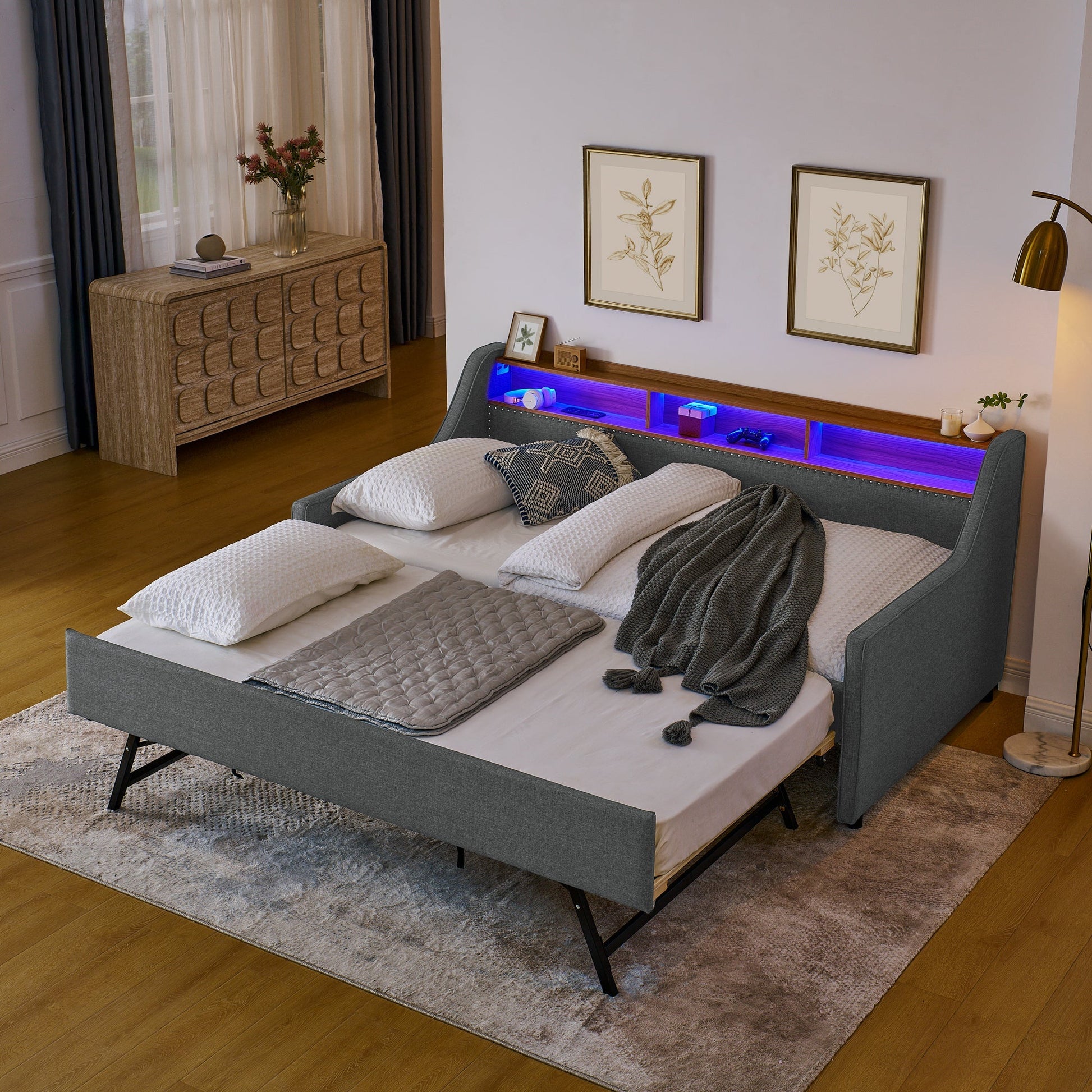 Twin Size Upholstery Sofa Bed with Three LED lights, with Storage Adjustable Headboard - Direct Wicker
