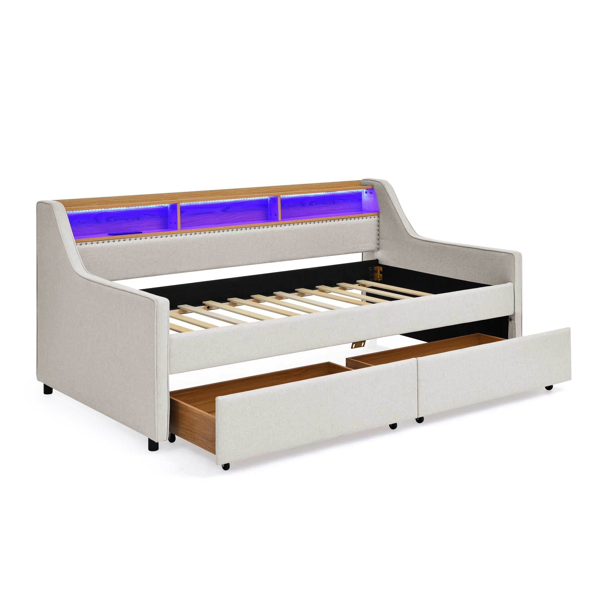 Twin Size Upholstery Sofa Bed with Three LED lights, with Storage Adjustable Headboard - Direct Wicker