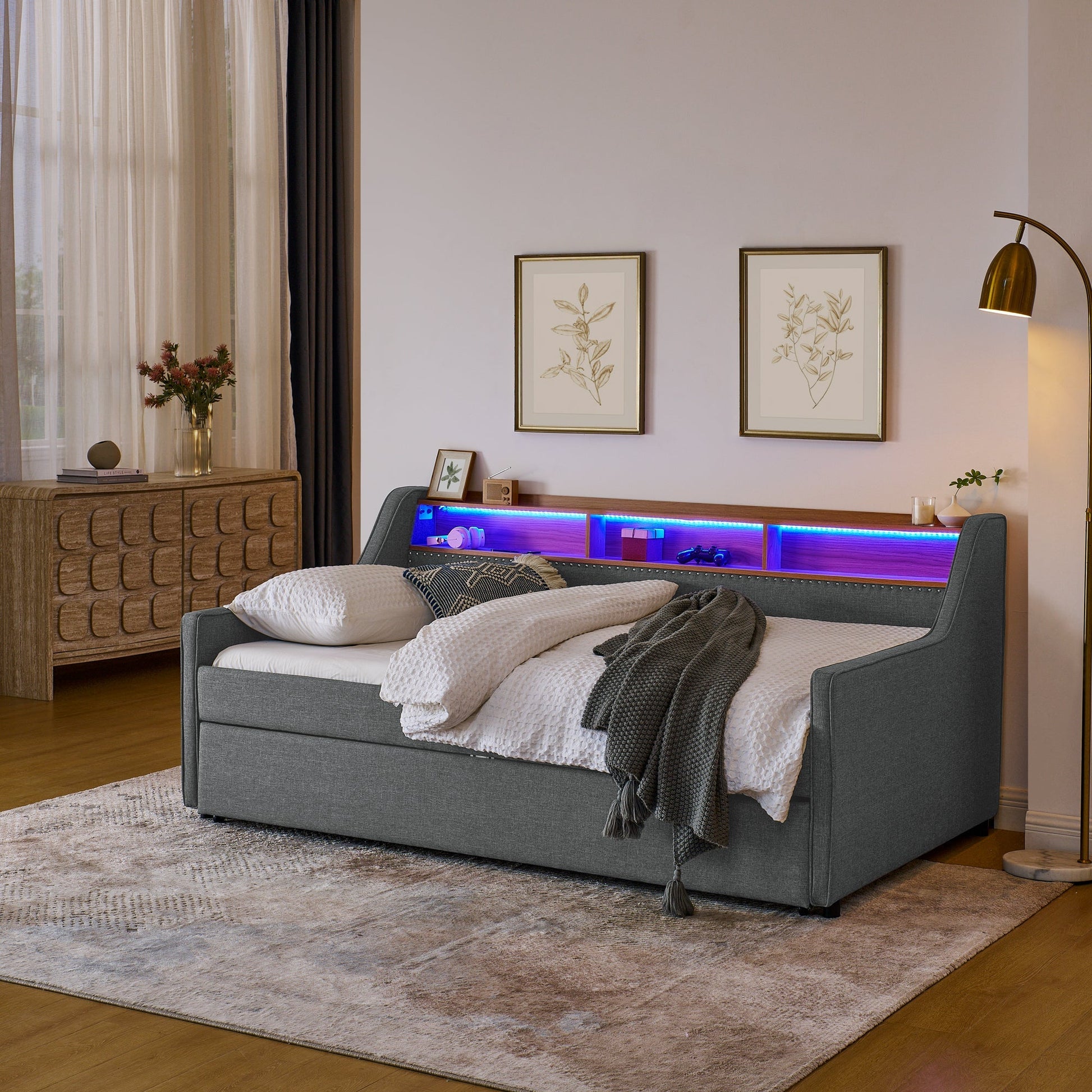 Twin Size Upholstery Sofa Bed with Three LED lights, with Storage Adjustable Headboard - Direct Wicker
