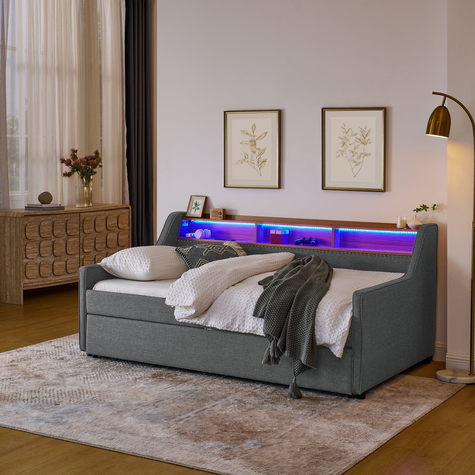 Twin Size Upholstery Sofa Bed with Three LED lights, with Storage Adjustable Headboard - Direct Wicker