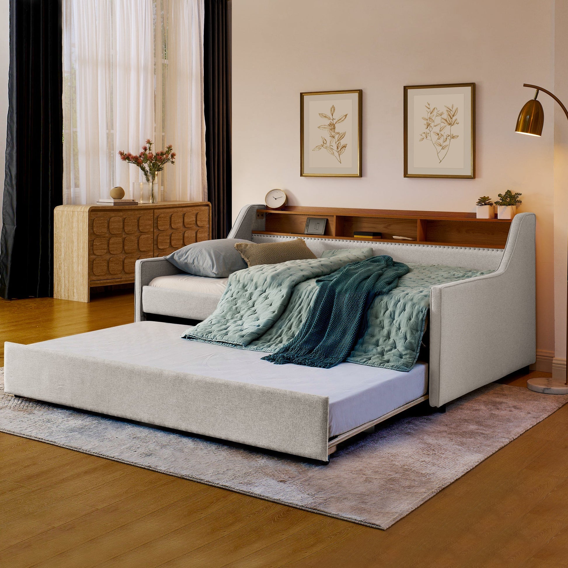 Twin Size Upholstery Sofa Bed with Three LED lights, with Storage Adjustable Headboard - Direct Wicker