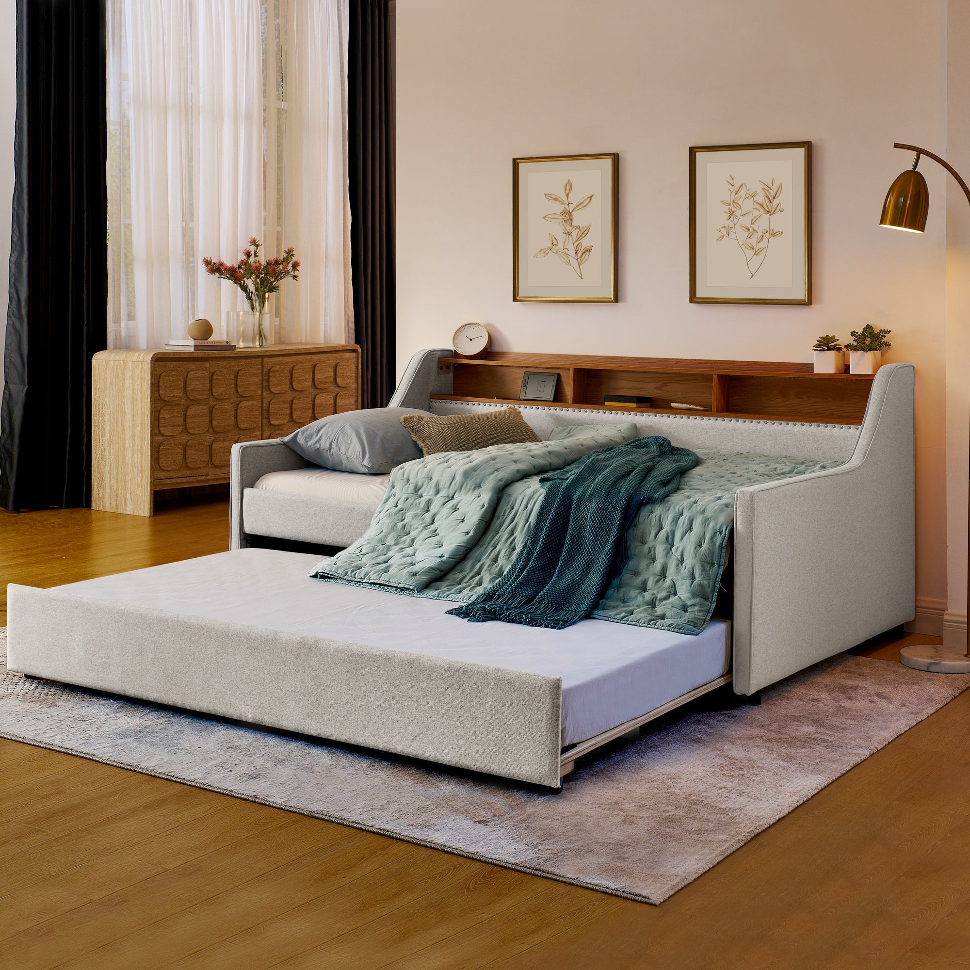 Twin Size Upholstery Sofa Bed with Three LED lights, with Storage Adjustable Headboard - Direct Wicker