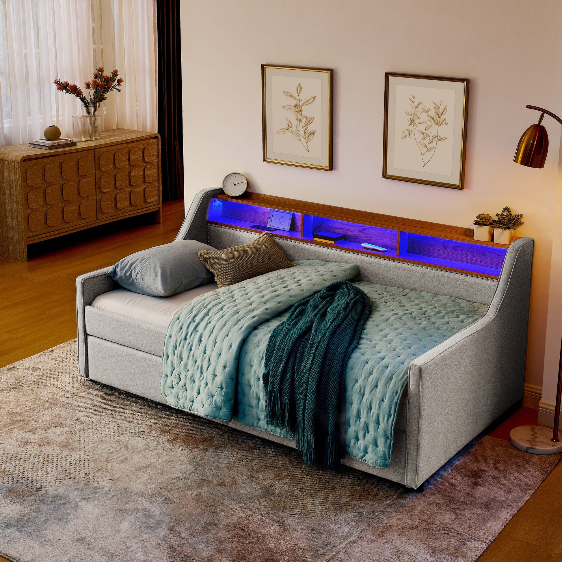Twin Size Upholstery Sofa Bed with Three LED lights, with Storage Adjustable Headboard - Direct Wicker