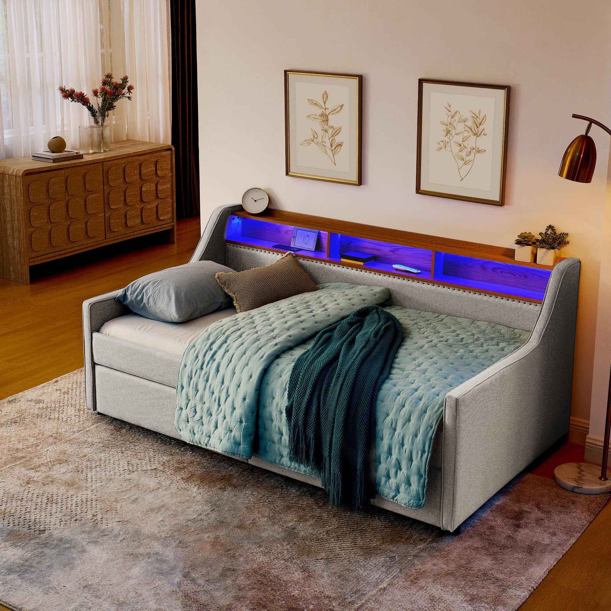Twin Size Upholstery Sofa Bed with Three LED lights, with Storage Adjustable Headboard - Direct Wicker