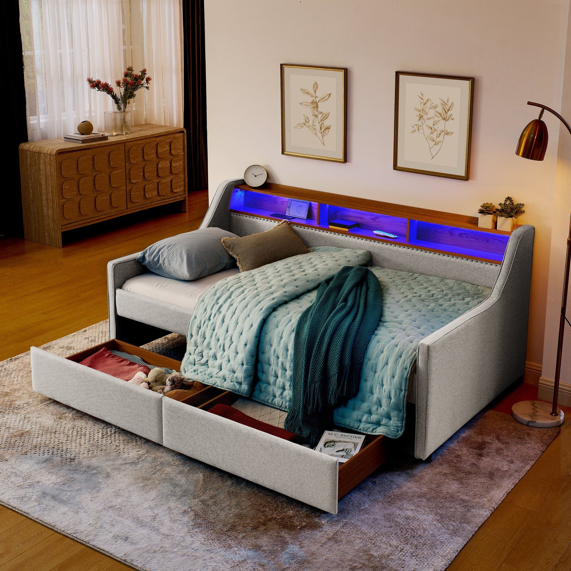 Twin Size Upholstery Sofa Bed with Three LED lights, with Storage Adjustable Headboard - Direct Wicker