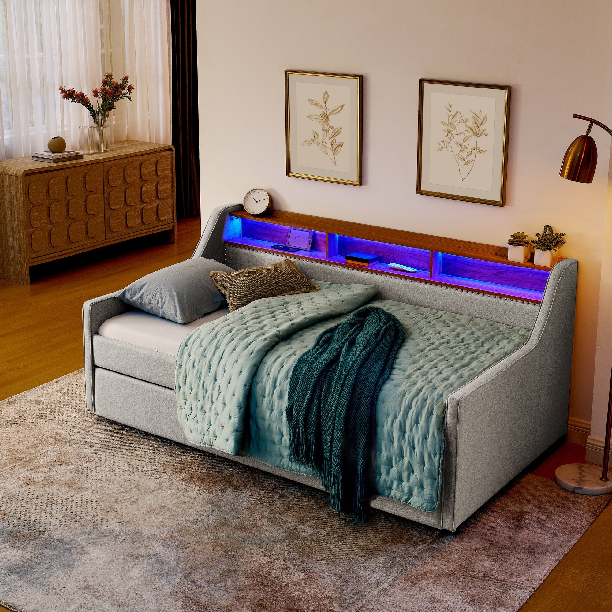 Twin Size Upholstery Sofa Bed with Three LED lights, with Storage Adjustable Headboard - Direct Wicker