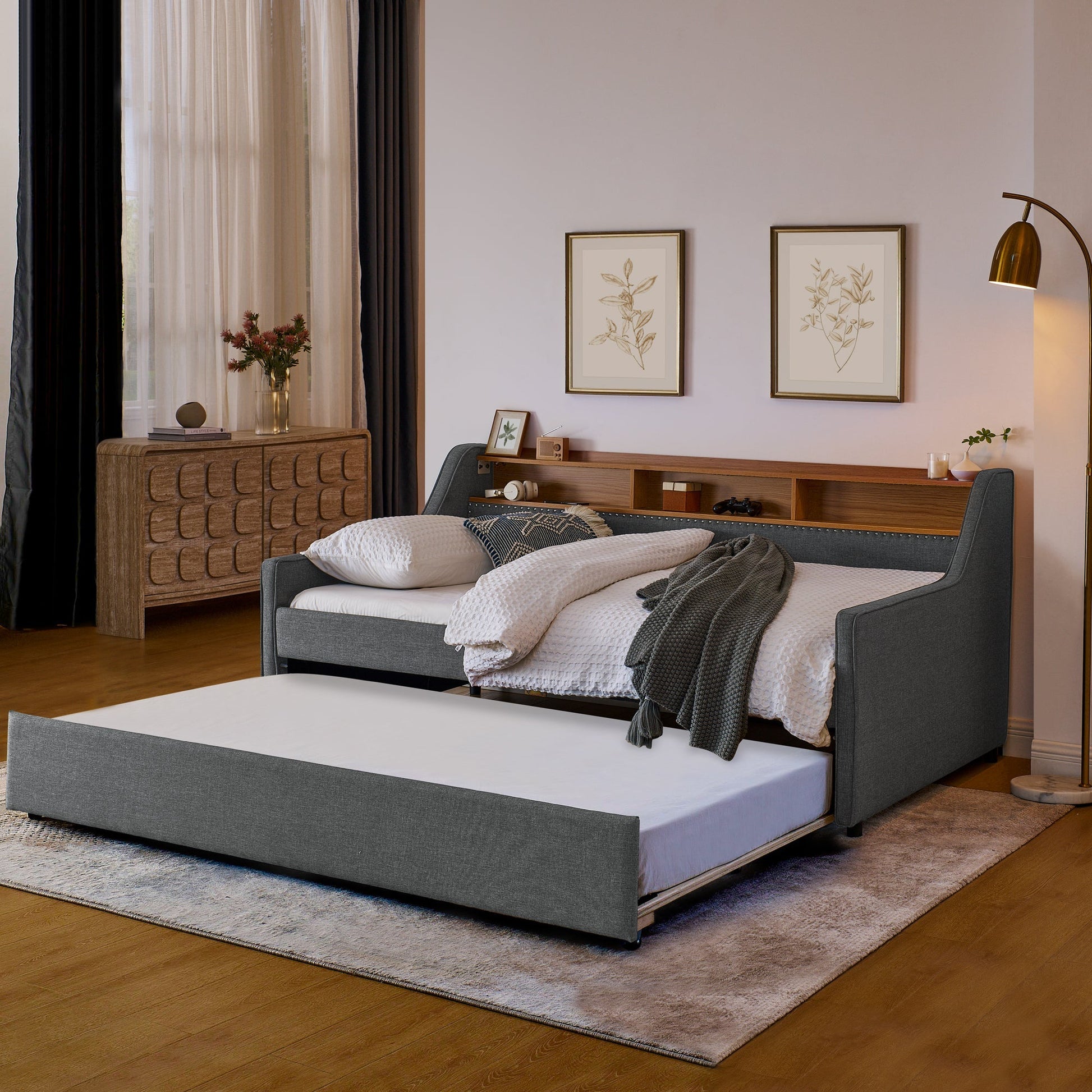 Twin Size Upholstery Sofa Bed with Three LED lights, with Storage Adjustable Headboard - Direct Wicker