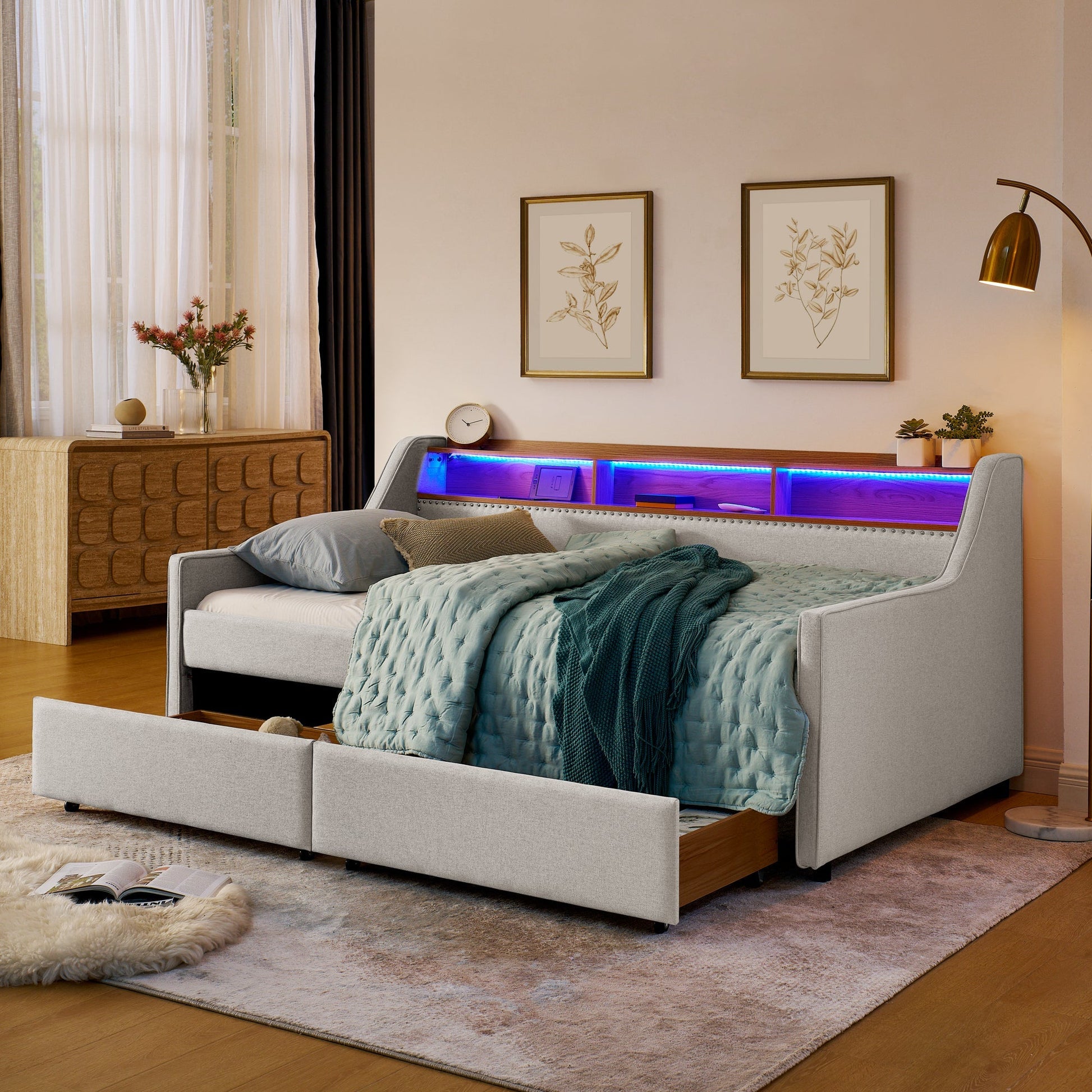 Twin Size Upholstery Sofa Bed with Three LED lights, with Storage Adjustable Headboard - Direct Wicker