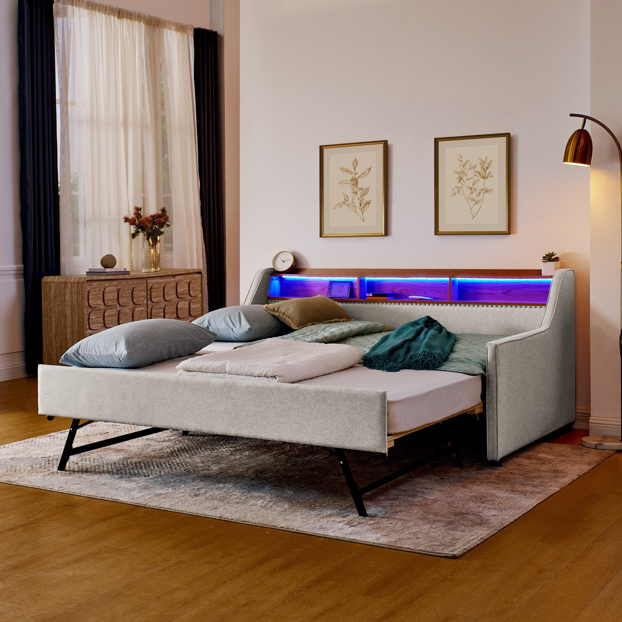 Twin Size Upholstery Sofa Bed with Three LED lights, with Storage Adjustable Headboard - Direct Wicker