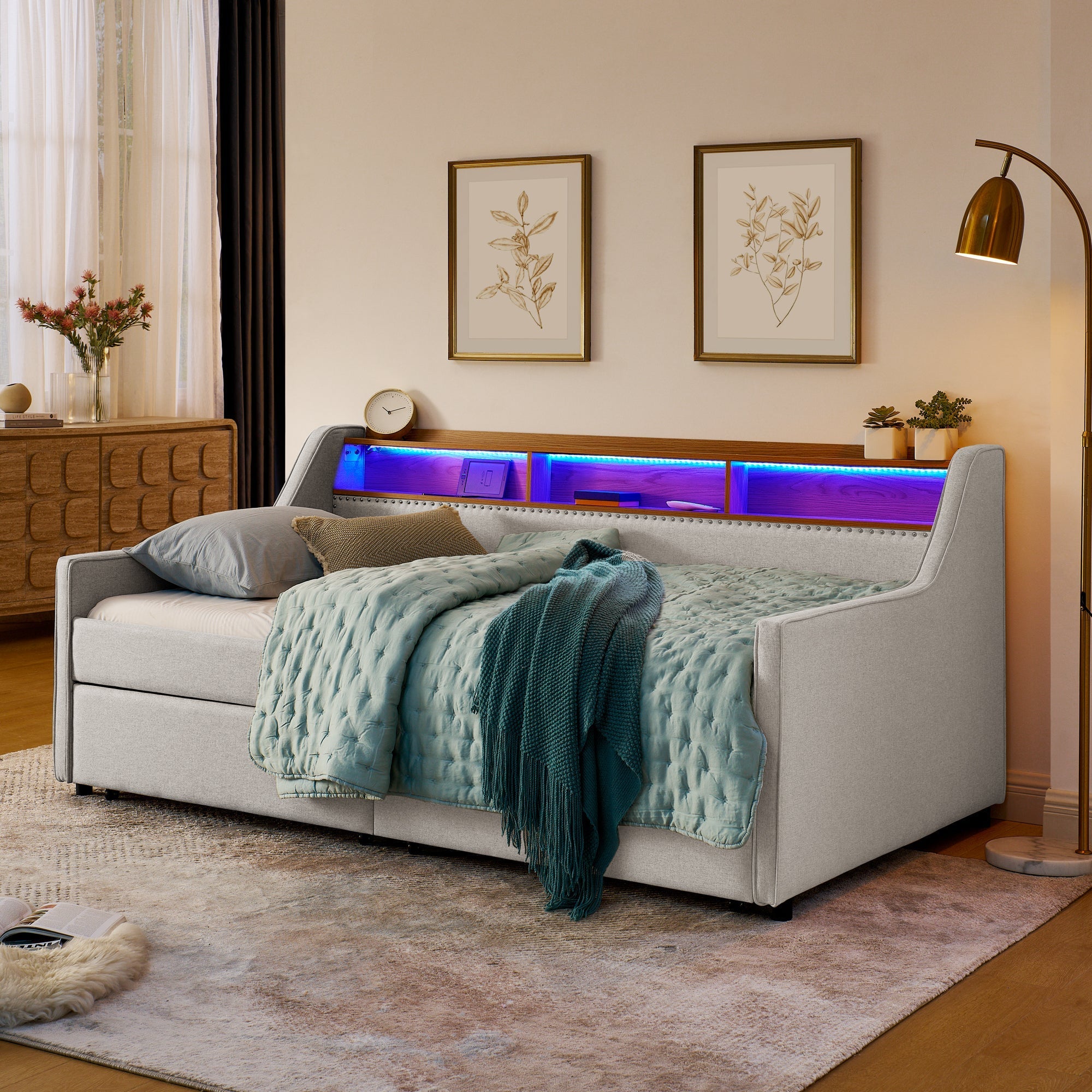 Twin Size Upholstery Sofa Bed with Three LED lights, with Storage Adjustable Headboard - Direct Wicker