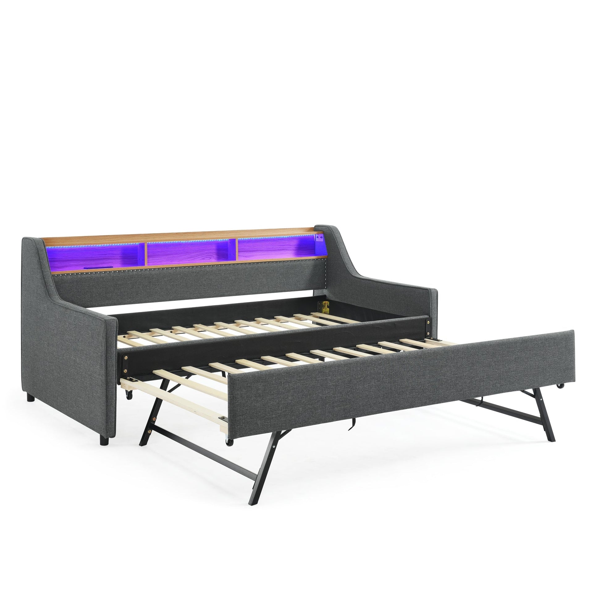 Twin Size Upholstery Sofa Bed with Three LED lights, with Storage Adjustable Headboard - Direct Wicker