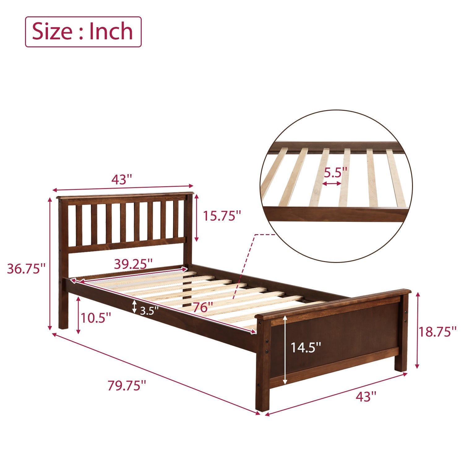 Twin Size Wood Platform Bed with Headboard, Footboard, and Wood Slat Support (WF191769AAD) - Direct Wicker