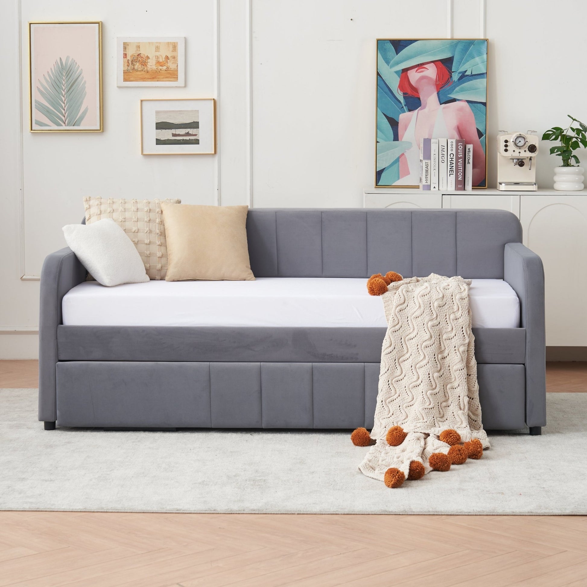 Twin Upholstered Daybed Frame with Trundle, Twin Size Sofa Bed - Direct Wicker