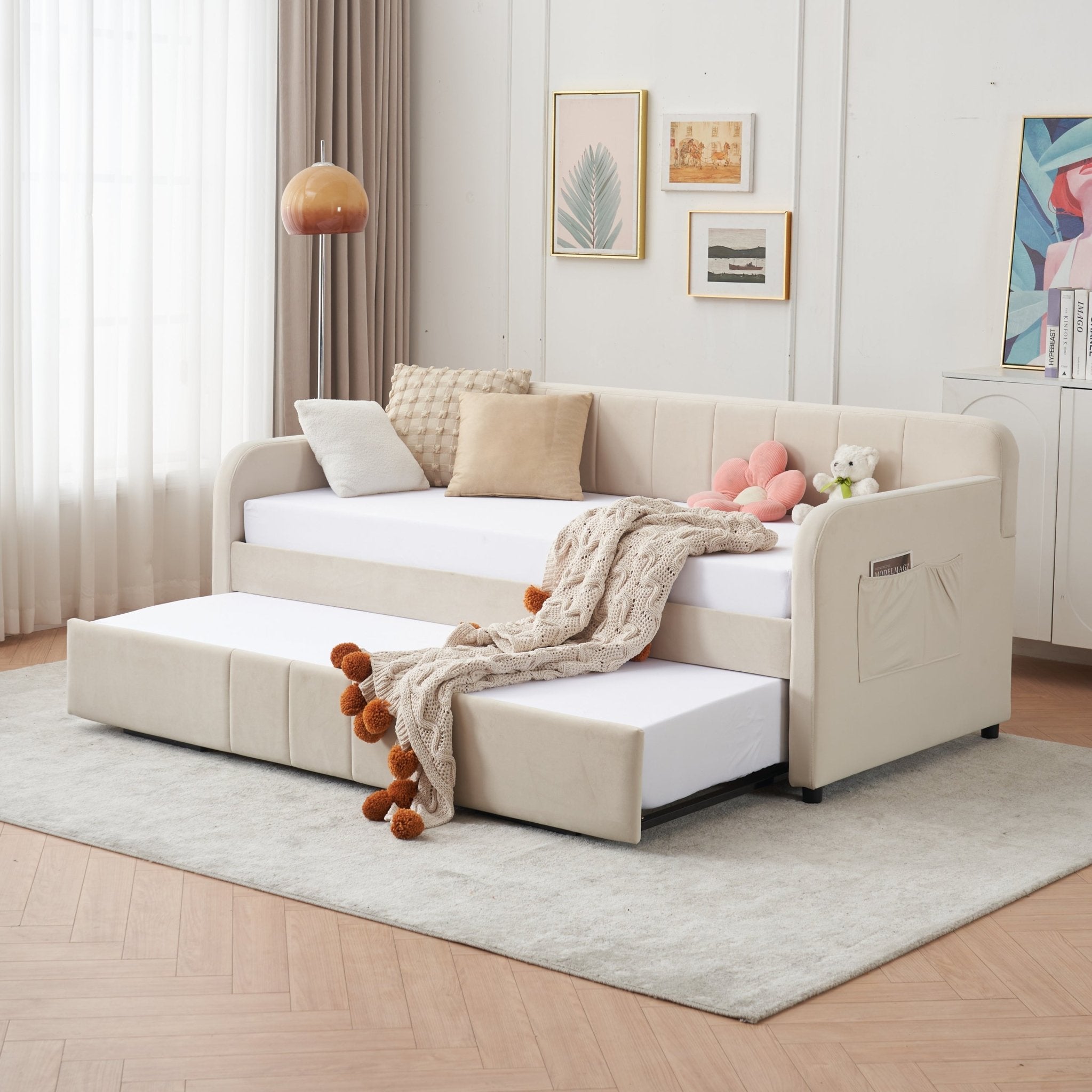 Twin Upholstered Daybed Frame with Trundle, Twin Size Sofa Bed - Direct Wicker