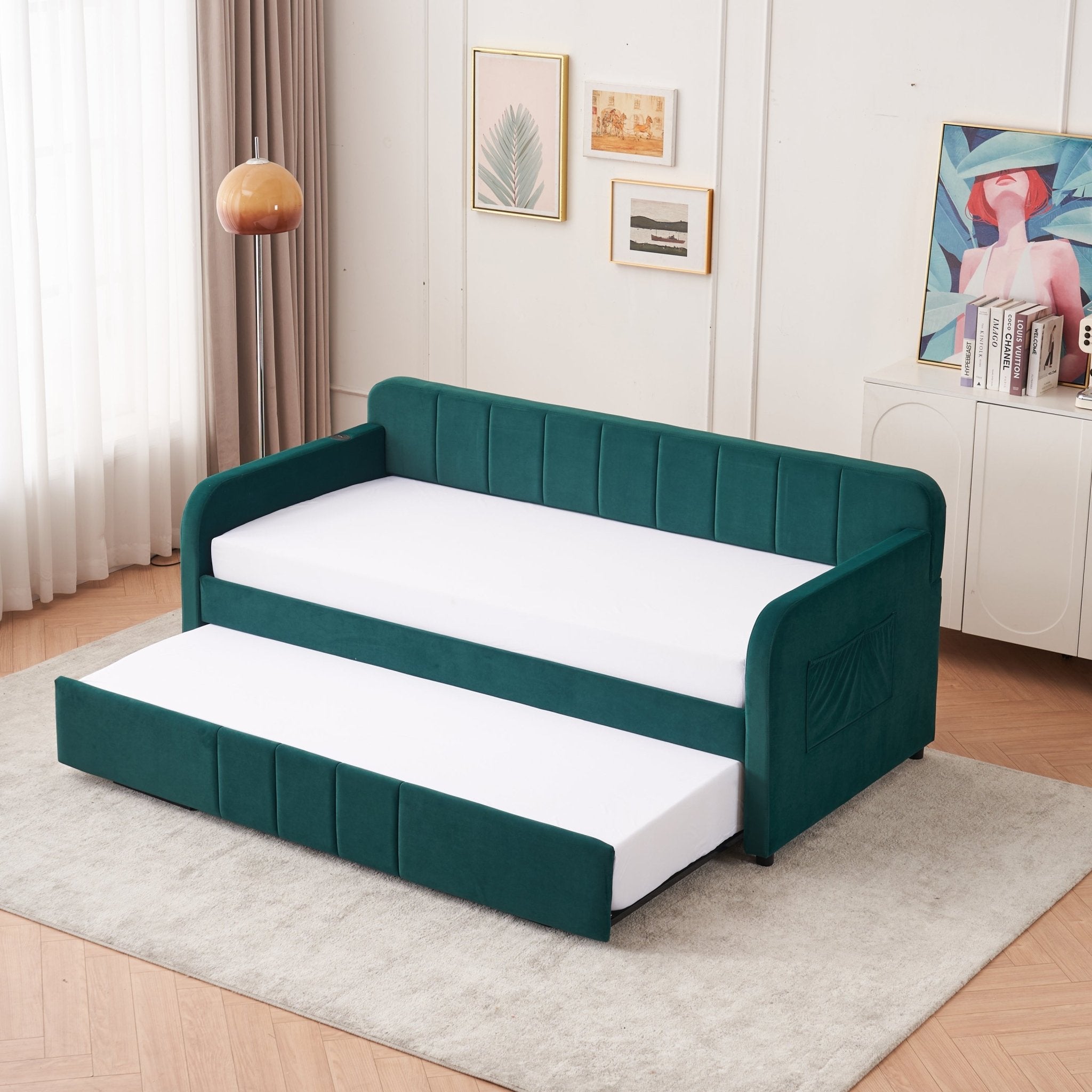 Twin Upholstered Daybed Frame with Trundle, Twin Size Sofa Bed - Direct Wicker