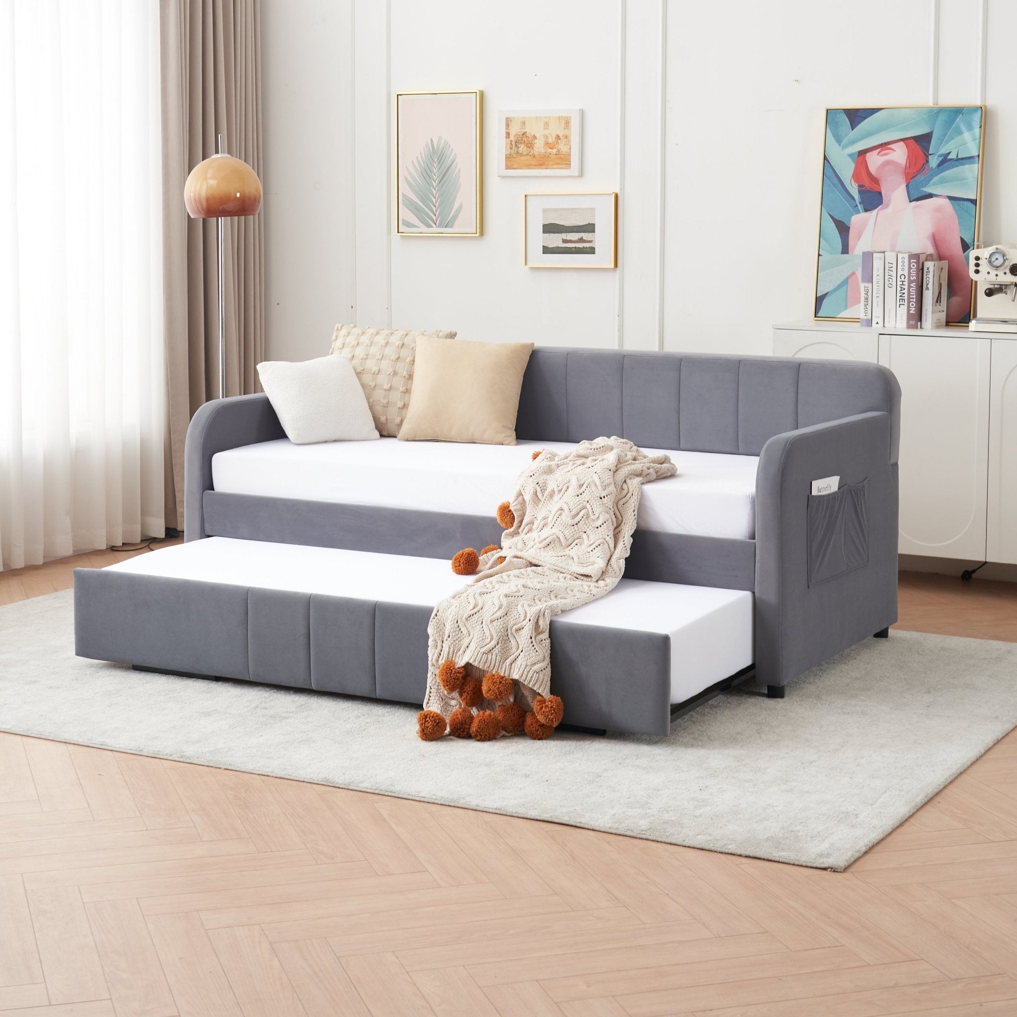 Twin Upholstered Daybed Frame with Trundle, Twin Size Sofa Bed - Direct Wicker