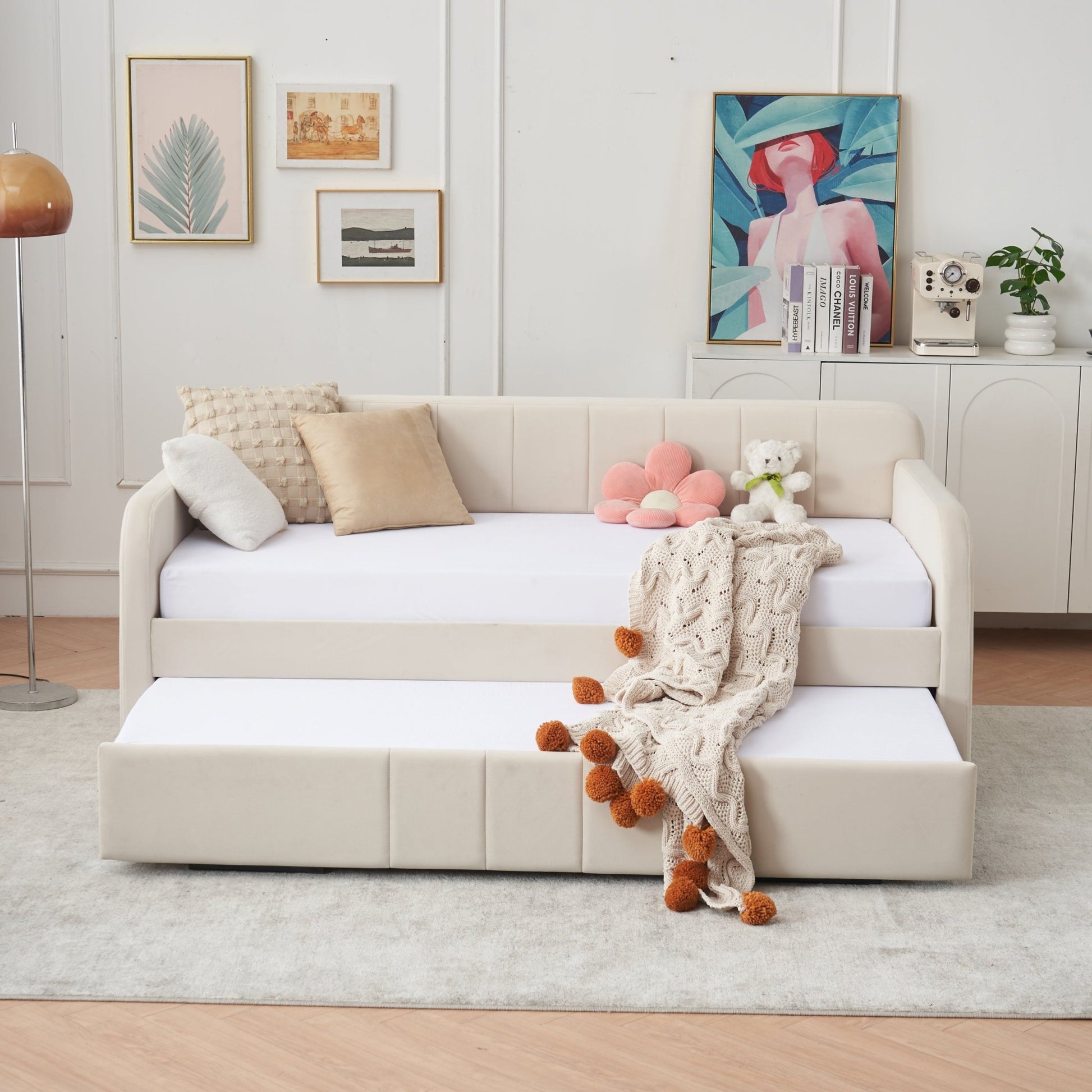 Twin Upholstered Daybed Frame with Trundle, Twin Size Sofa Bed - Direct Wicker