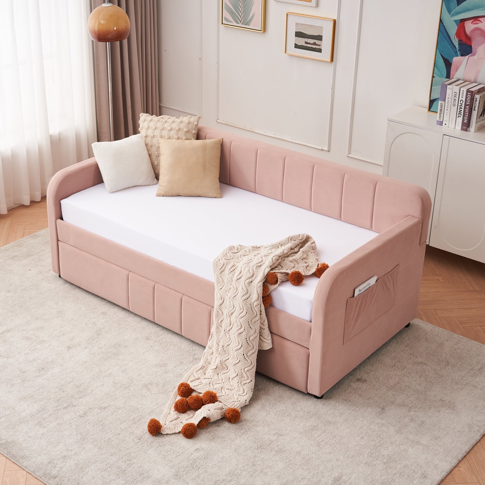 Twin Upholstered Daybed Frame with Trundle, Twin Size Sofa Bed - Direct Wicker