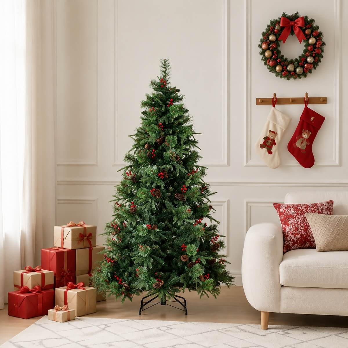Unlit Artificial Christmas Tree with Red Berries, Pine Cones & Full PVC Automatic-Opening Branches – 5 FT, 6 FT & 7 FT (PAT-011) - Direct Wicker