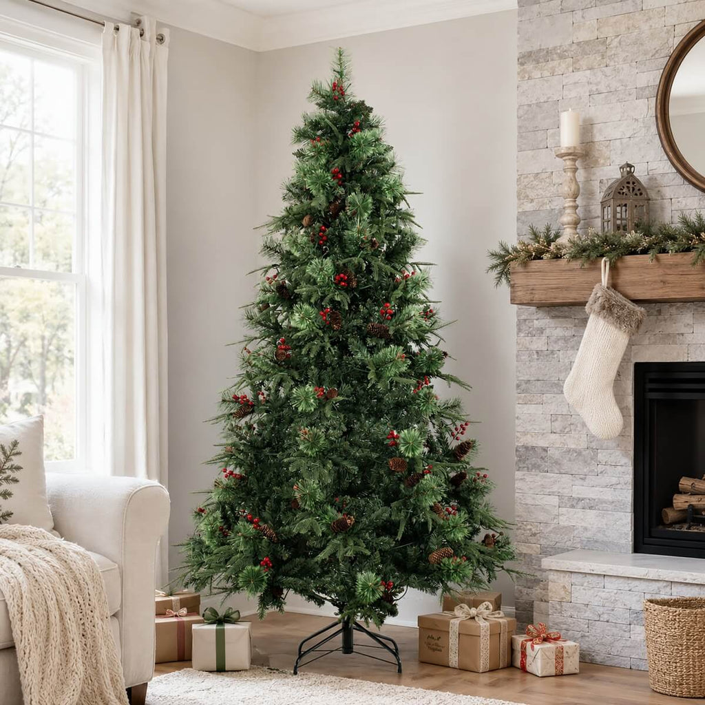Unlit Artificial Christmas Tree with Red Berries, Pine Cones & Full PVC Automatic-Opening Branches – 5 FT, 6 FT & 7 FT (PAT-011) - Direct Wicker