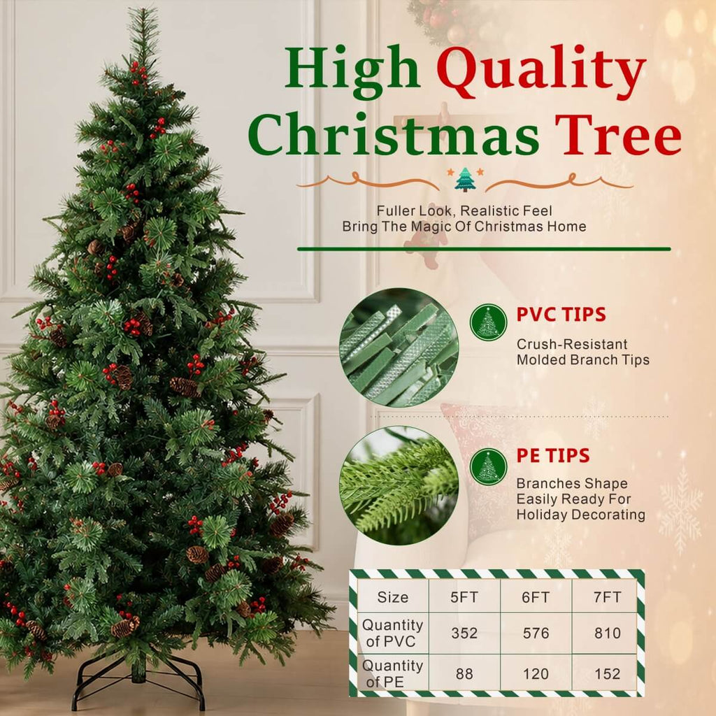 Unlit Artificial Christmas Tree with Red Berries, Pine Cones & Full PVC Automatic-Opening Branches – 5 FT, 6 FT & 7 FT (PAT-011) - Direct Wicker