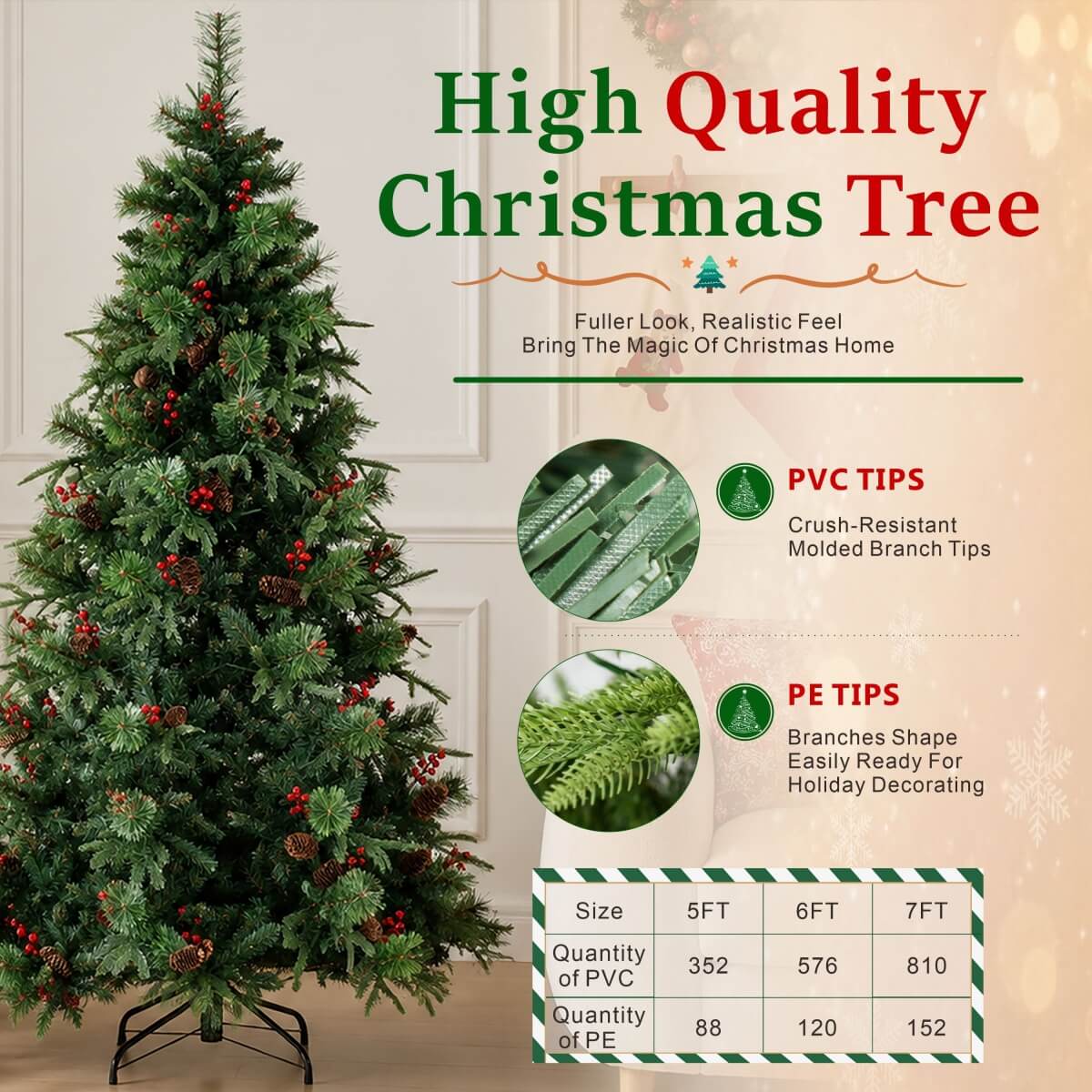 Unlit Artificial Christmas Tree with Red Berries, Pine Cones & Full PVC Automatic-Opening Branches – 5 FT, 6 FT & 7 FT (PAT-011) - Direct Wicker