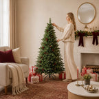 Unlit Artificial Christmas Tree with Red Berries, Pine Cones & Full PVC Automatic-Opening Branches – 5 FT, 6 FT & 7 FT (PAT-011) - Direct Wicker