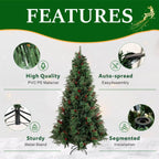 Unlit Artificial Christmas Tree with Red Berries, Pine Cones & Full PVC Automatic-Opening Branches – 5 FT, 6 FT & 7 FT (PAT-011) - Direct Wicker