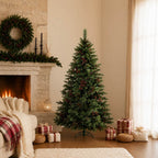 Unlit Artificial Christmas Tree with Red Berries, Pine Cones & Full PVC Automatic-Opening Branches – 5 FT, 6 FT & 7 FT (PAT-011) - Direct Wicker