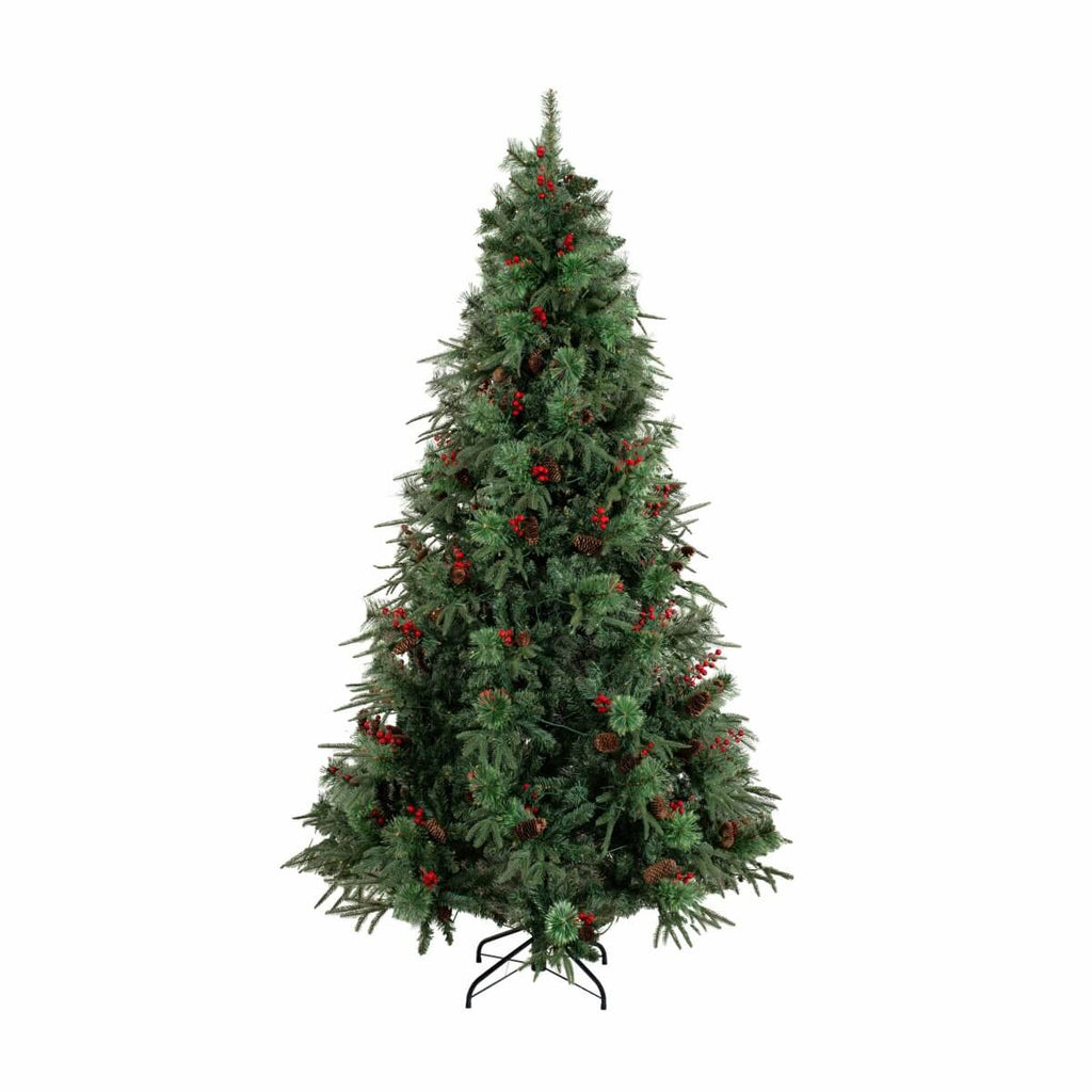 Unlit Artificial Christmas Tree with Red Berries, Pine Cones & Full PVC Automatic-Opening Branches – 5 FT, 6 FT & 7 FT (PAT-011) - Direct Wicker