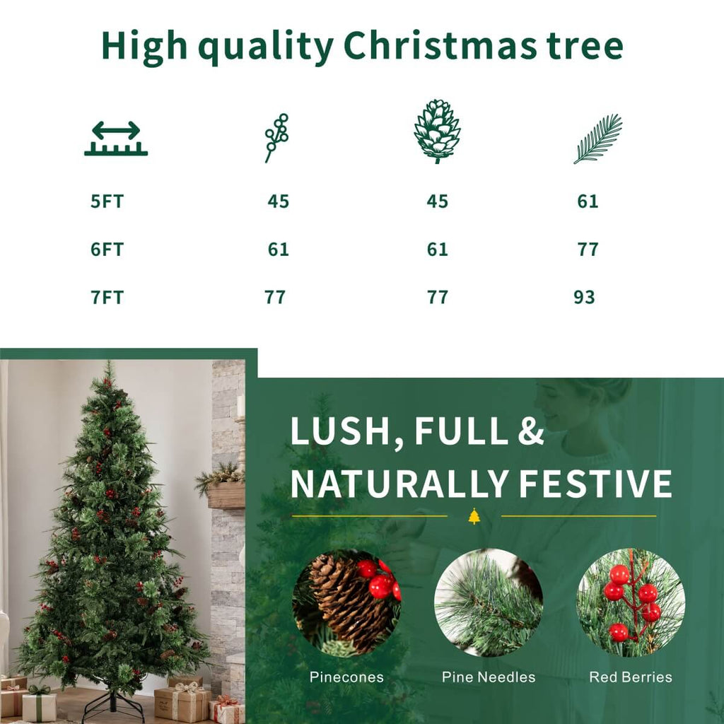 Unlit Artificial Christmas Tree with Red Berries, Pine Cones & Full PVC Automatic-Opening Branches – 5 FT, 6 FT & 7 FT (PAT-011) - Direct Wicker
