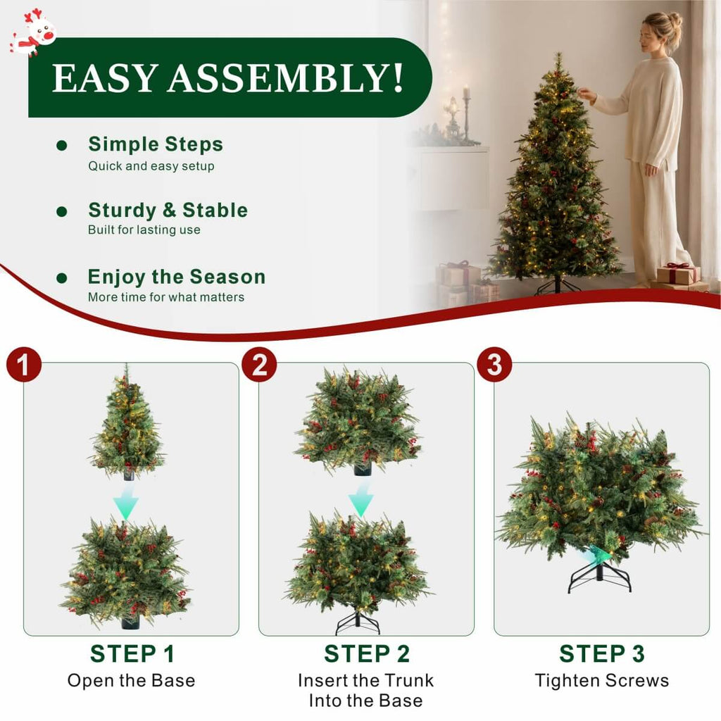 Unlit Artificial Christmas Tree with Red Berries, Pine Cones & Full PVC Automatic-Opening Branches – 5 FT, 6 FT & 7 FT (PAT-011) - Direct Wicker