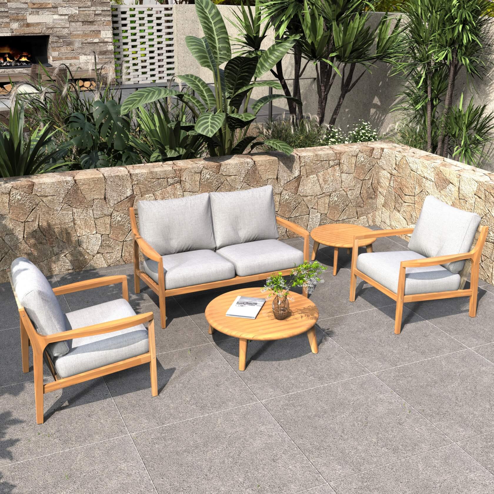 Rebel 4-Seater Wood Patio Conversation Set with Side Table (PAS-2513-2SC+SC*2+TA+ST)