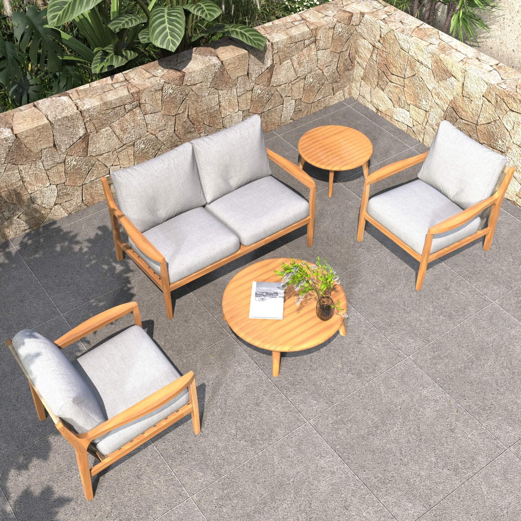 Rebel 4-Seater Wood Patio Conversation Set with Side Table (PAS-2513-2SC+SC*2+TA+ST)