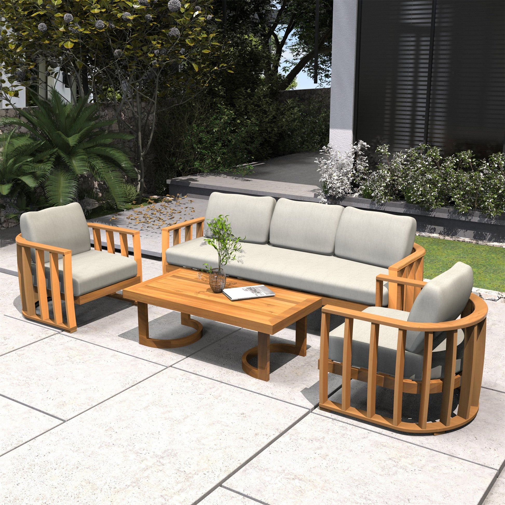 Rebel 5-Seater Wood Patio Conversation Set (PAS-2521-3SC+SC*2+TA) - Direct Wicker