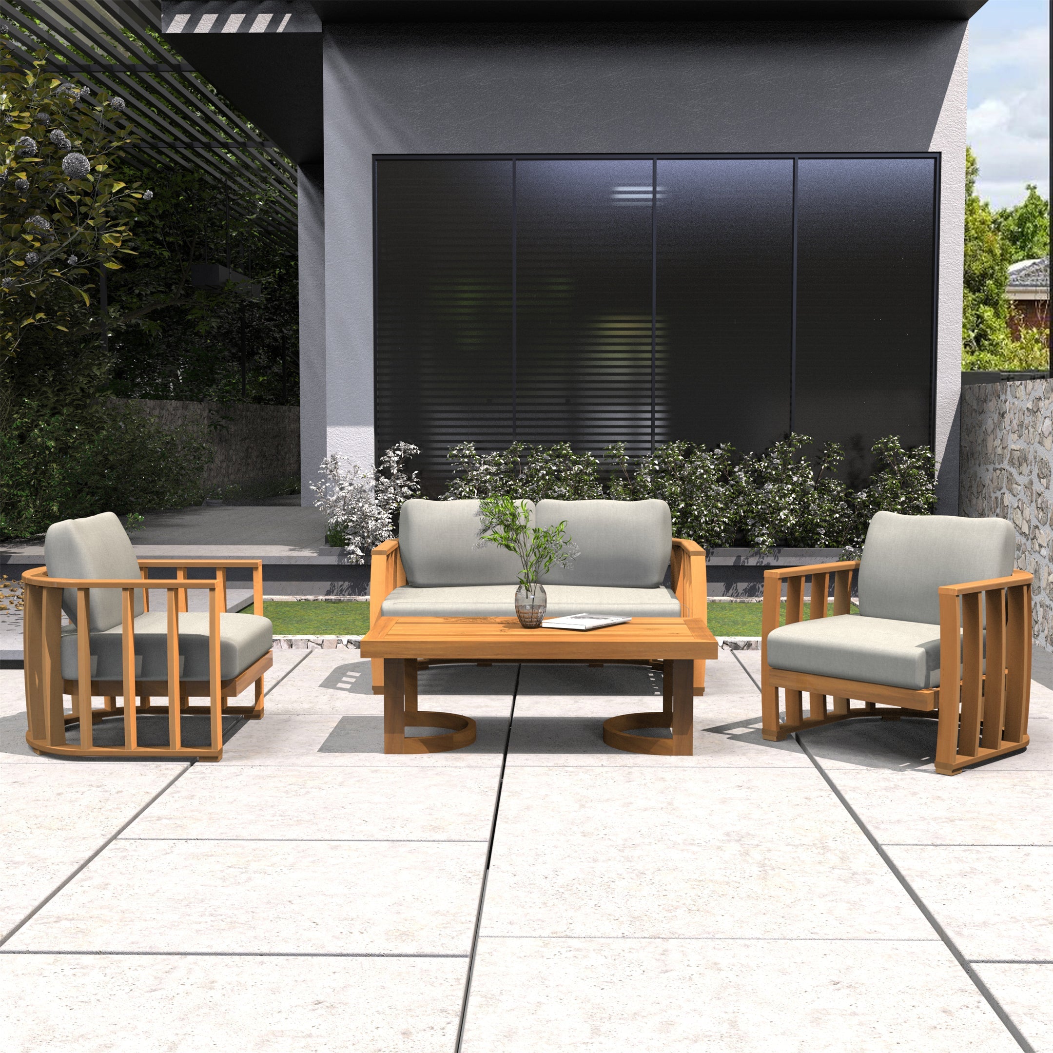 Rebel 4-Seater Wood Patio Conversation Set (PAS-2521-2SC+SC*2+TA)