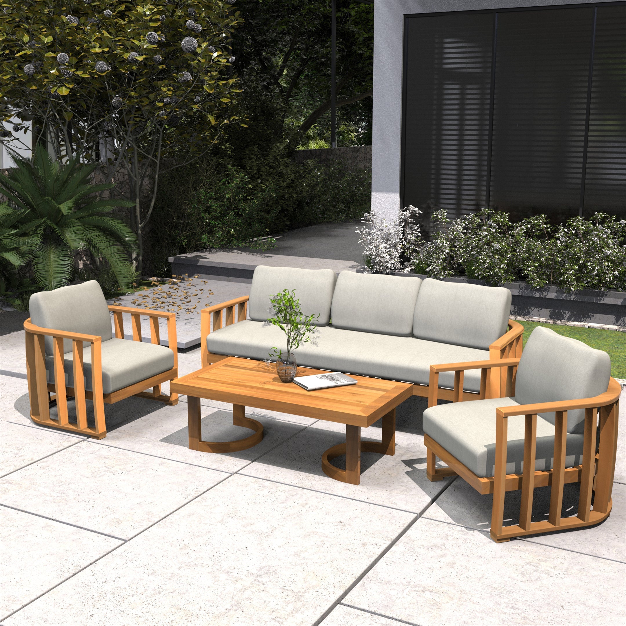Rebel 5-Seater Wood Patio Conversation Set (PAS-2521-3SC+SC*2+TA) - Direct Wicker