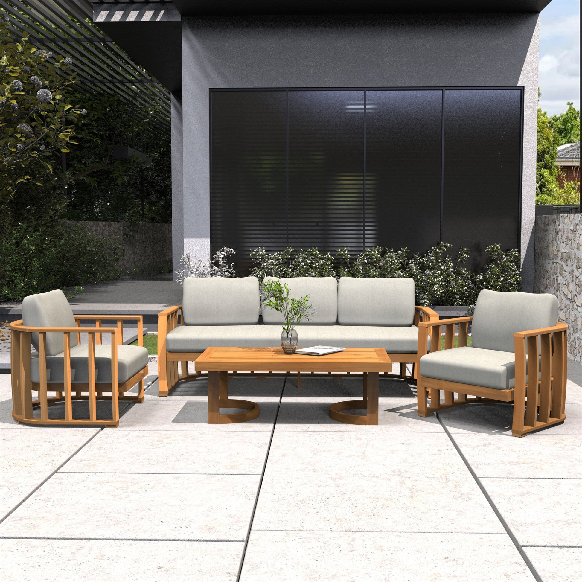 Rebel 5-Seater Wood Patio Conversation Set (PAS-2521-3SC+SC*2+TA) - Direct Wicker